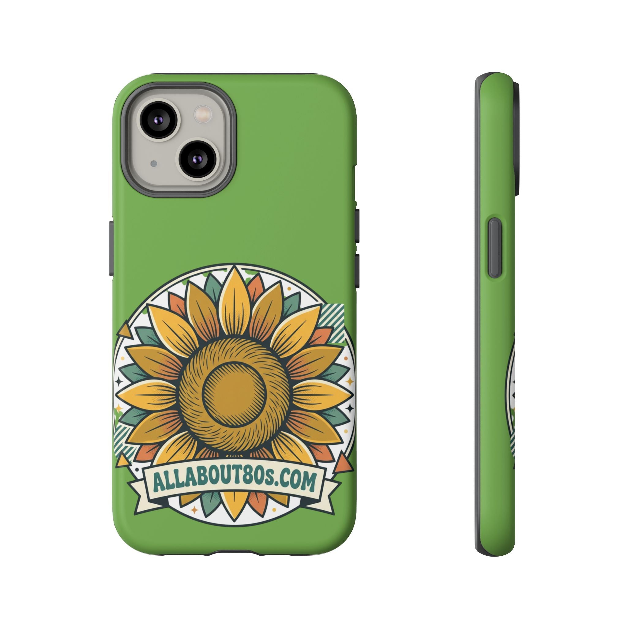 Sunflower Tough Phone Case – Green Floral Protective Case with "AllAbout80s.com" Banner