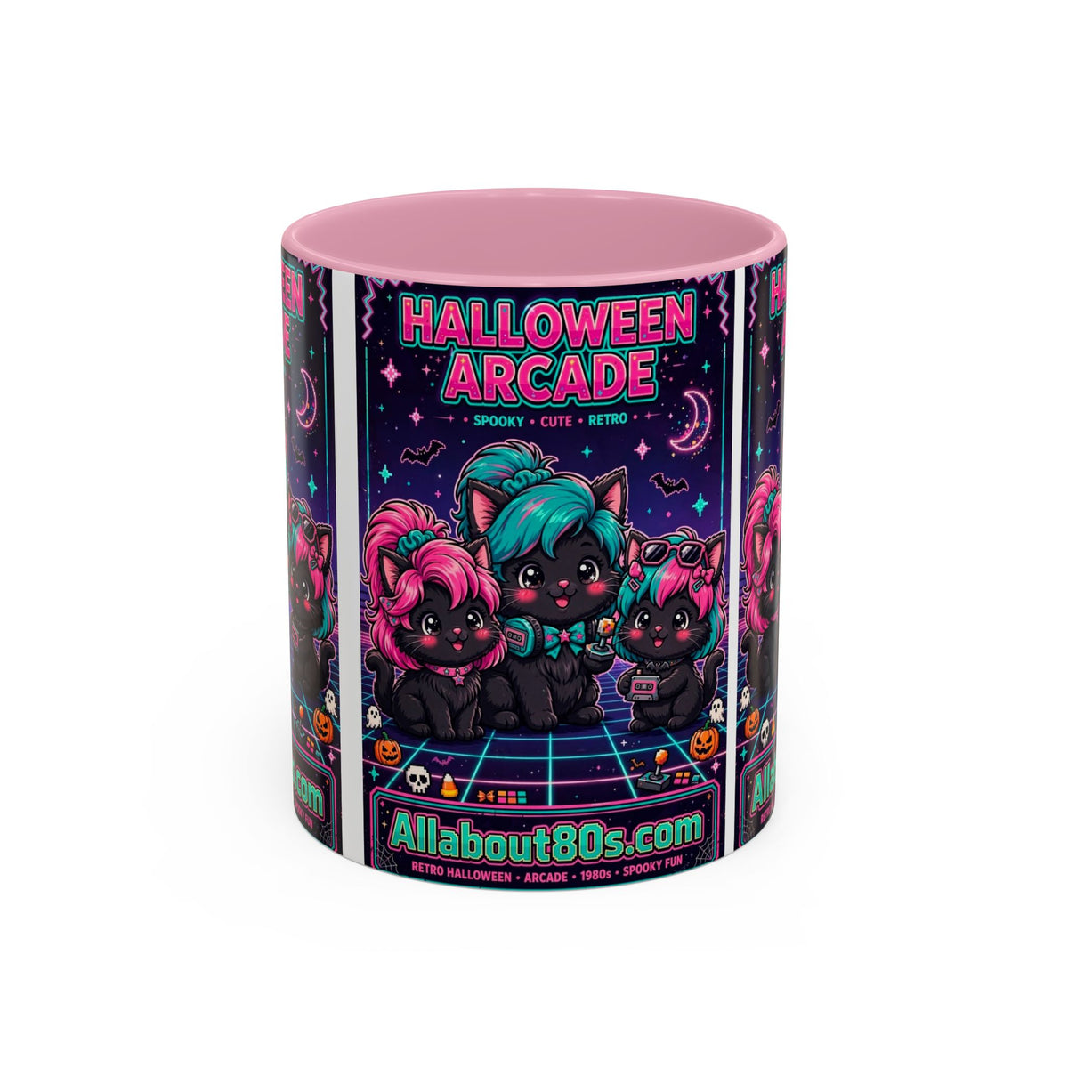 Halloween Arcade Mug — Cute Retro 80s Cat Gamers (11oz/15oz)