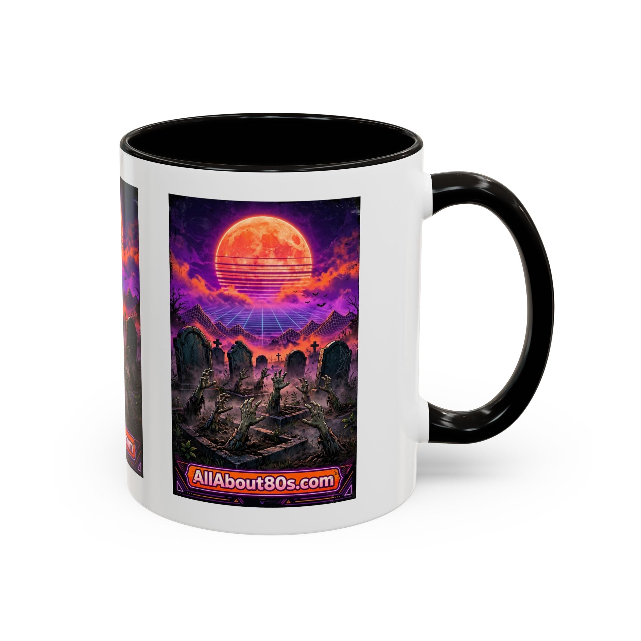 80s Retro Graveyard Sunset Mug — Vaporwave Neon Coffins Coffee Cup (11oz/15oz)