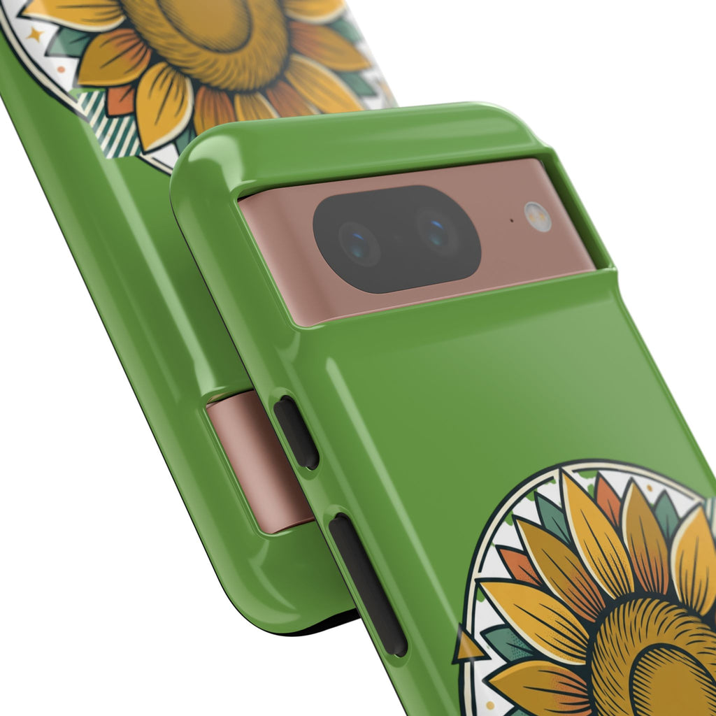 Sunflower Tough Phone Case – Green Floral Protective Case with "AllAbout80s.com" Banner