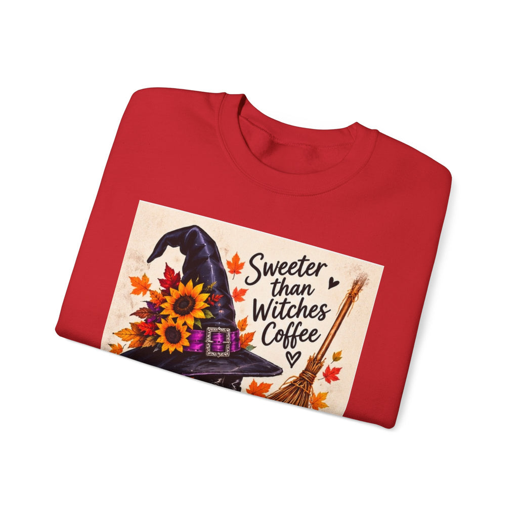 Sweater — 'Sweeter Than Witches Coffee' Halloween Witch Graphic Crewneck Sweatshirt