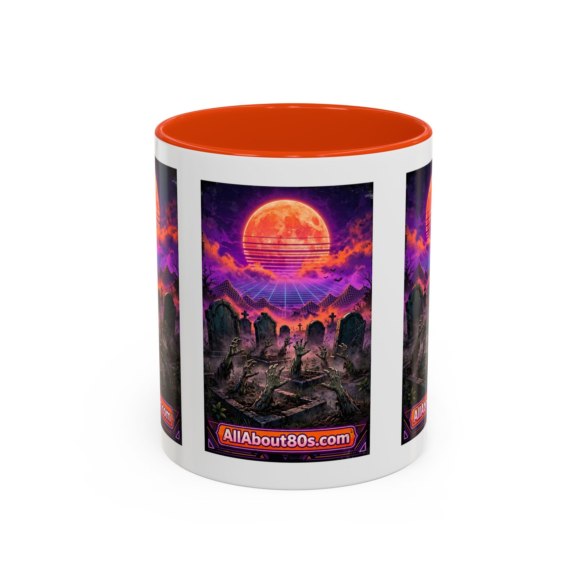 80s Retro Graveyard Sunset Mug — Vaporwave Neon Coffins Coffee Cup (11oz/15oz)