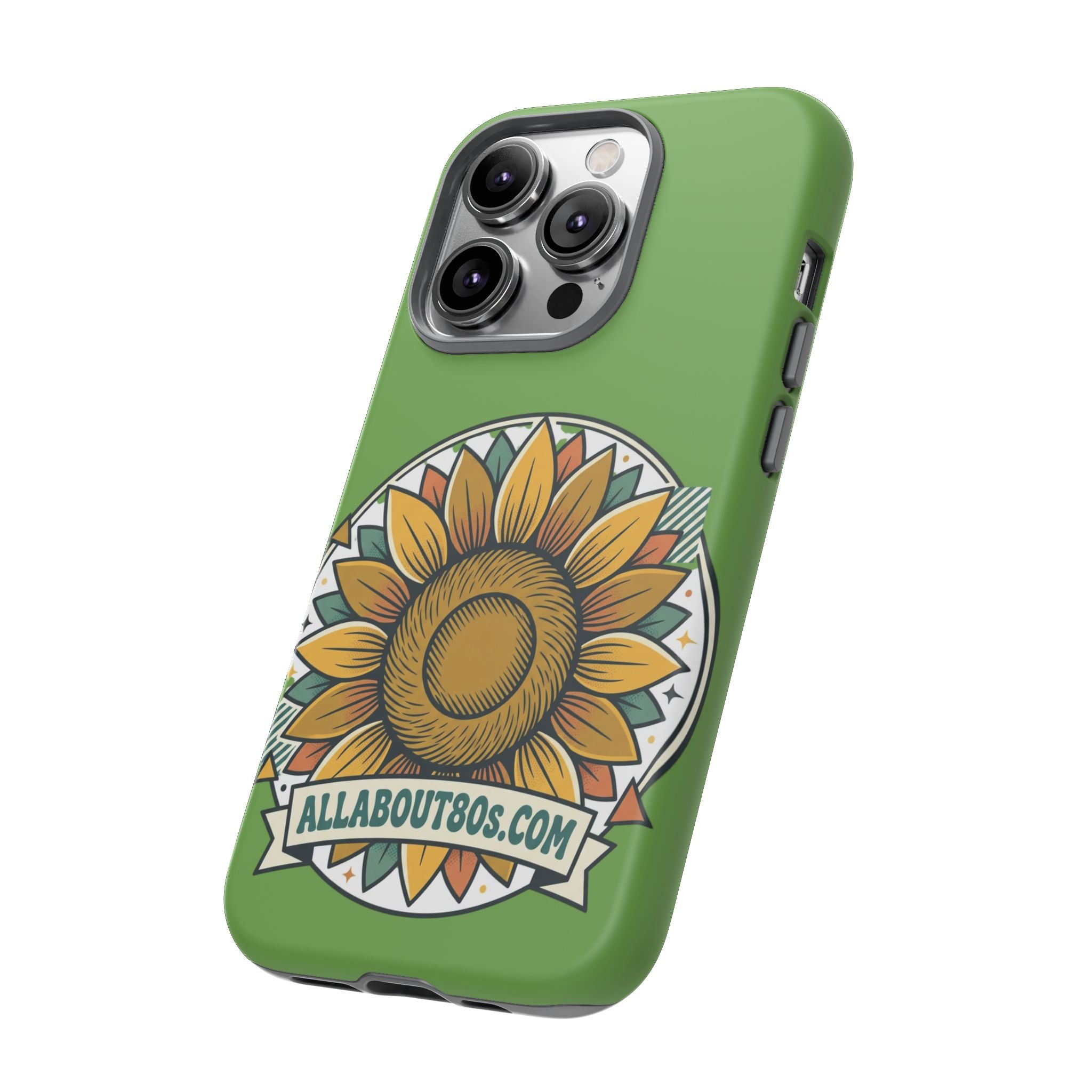 Sunflower Tough Phone Case – Green Floral Protective Case with "AllAbout80s.com" Banner