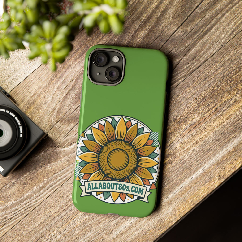Sunflower Tough Phone Case – Green Floral Protective Case with "AllAbout80s.com" Banner