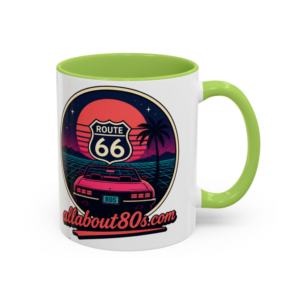 Route 66 Retro 80s Accent Coffee Mug — 'allabout80s' Vintage Sunset Design (11/15oz)