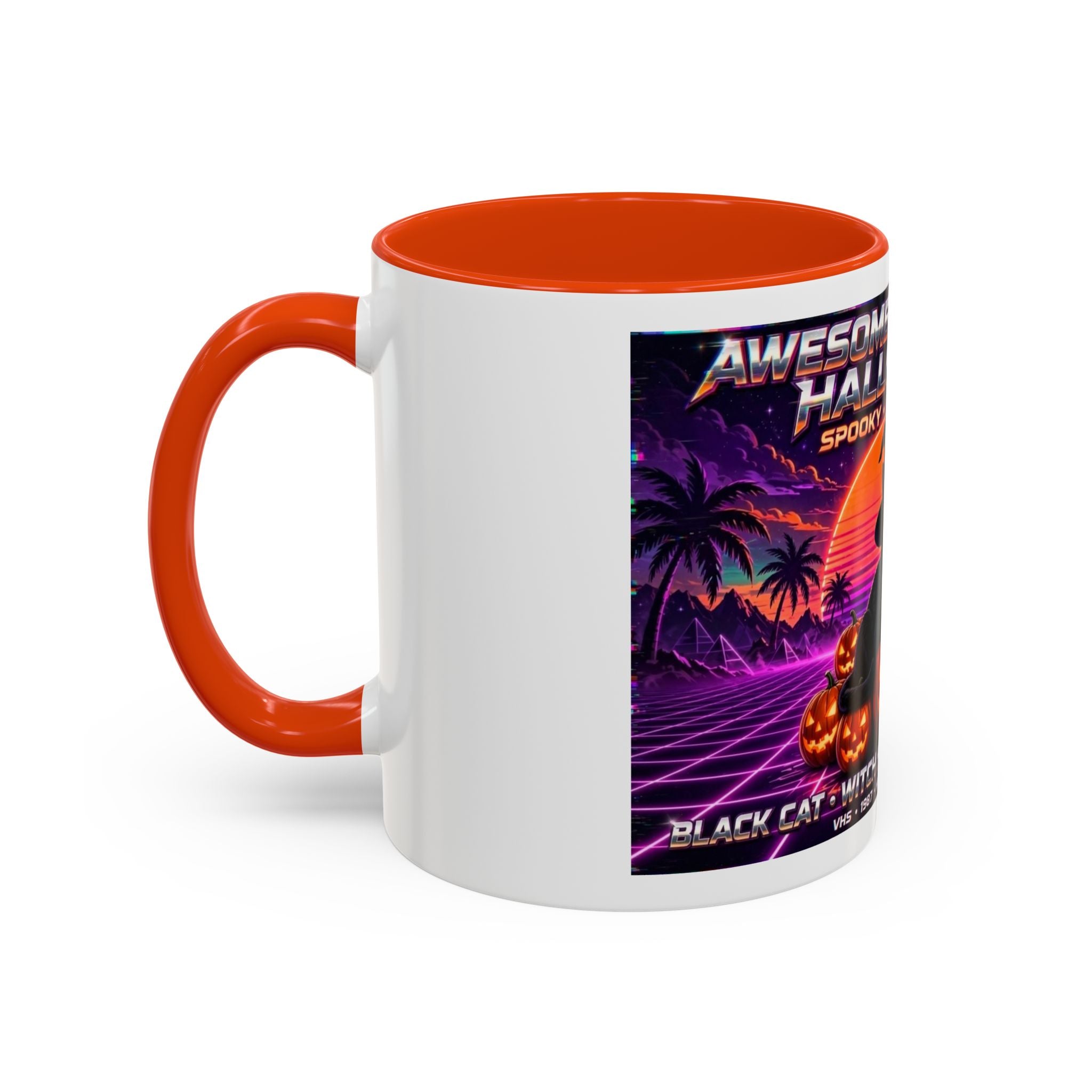 Halloween Retro Cat Mug — Neon 80s Spooky Pumpkin Coffee Cup (11oz/15oz)