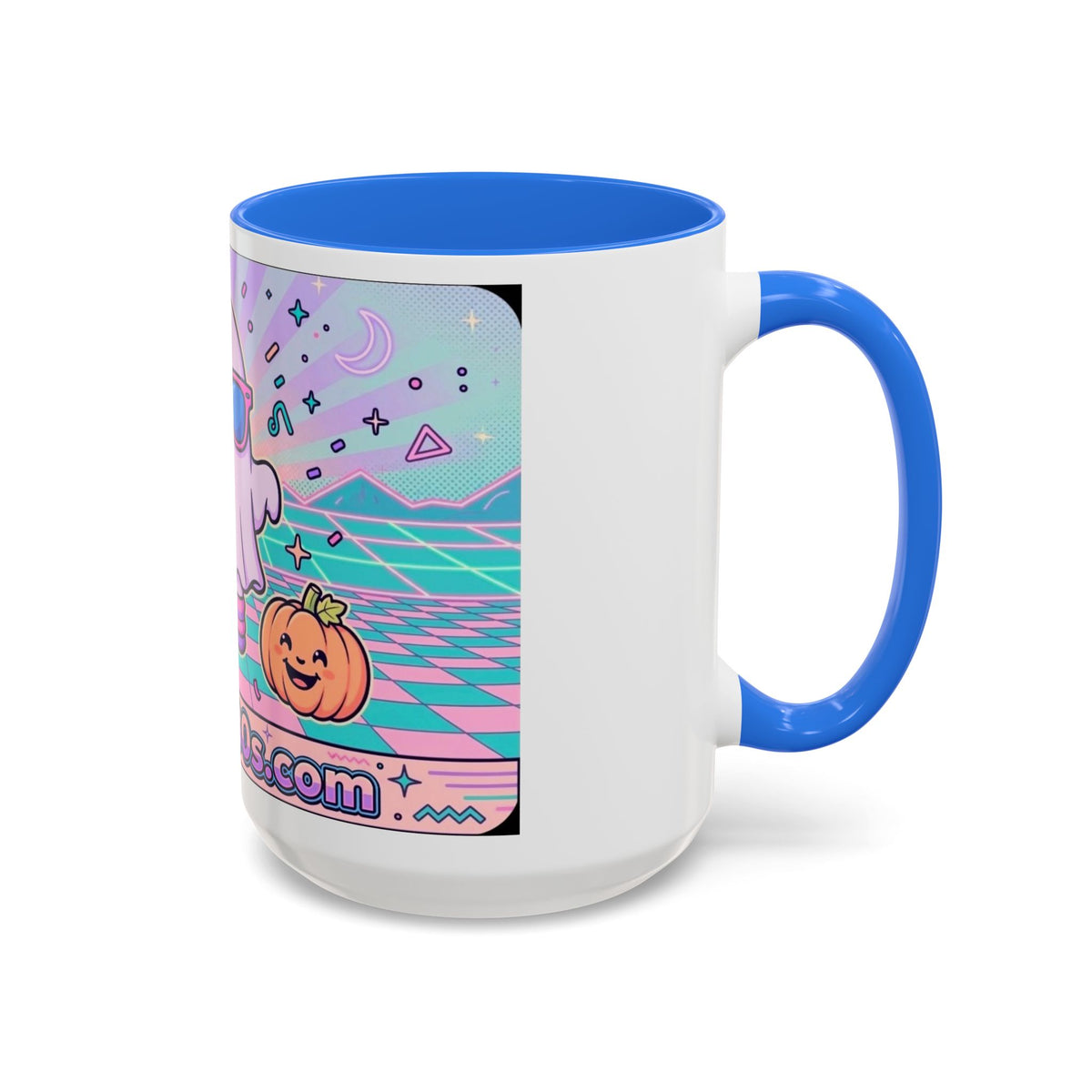 80s Vaporwave Ghost Coffee Mug — Cute Halloween Pumpkin Retro Design (11oz/15oz)