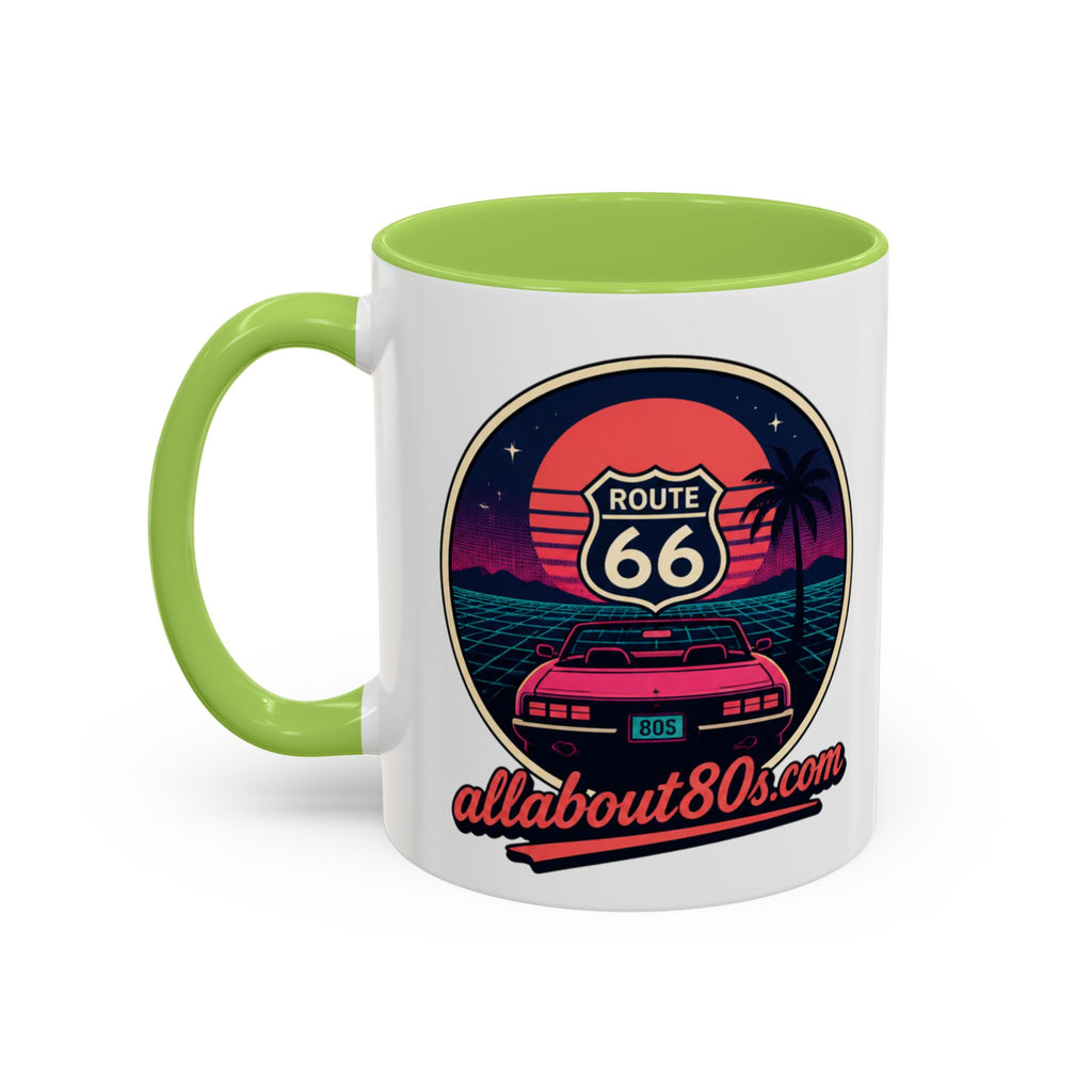 Route 66 Retro 80s Accent Coffee Mug — 'allabout80s' Vintage Sunset Design (11/15oz)
