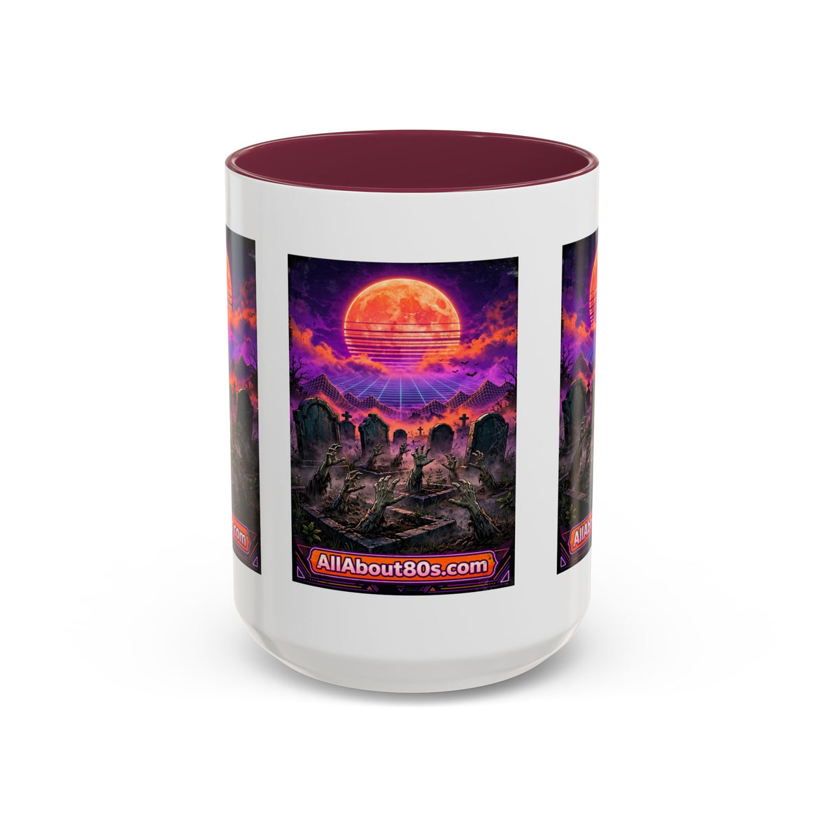 80s Retro Graveyard Sunset Mug — Vaporwave Neon Coffins Coffee Cup (11oz/15oz)