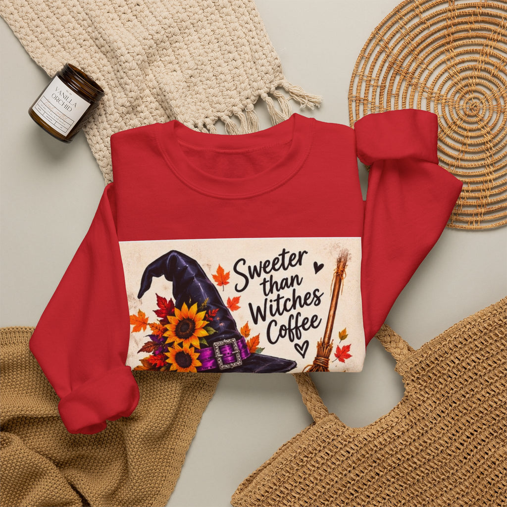 Sweater — 'Sweeter Than Witches Coffee' Halloween Witch Graphic Crewneck Sweatshirt