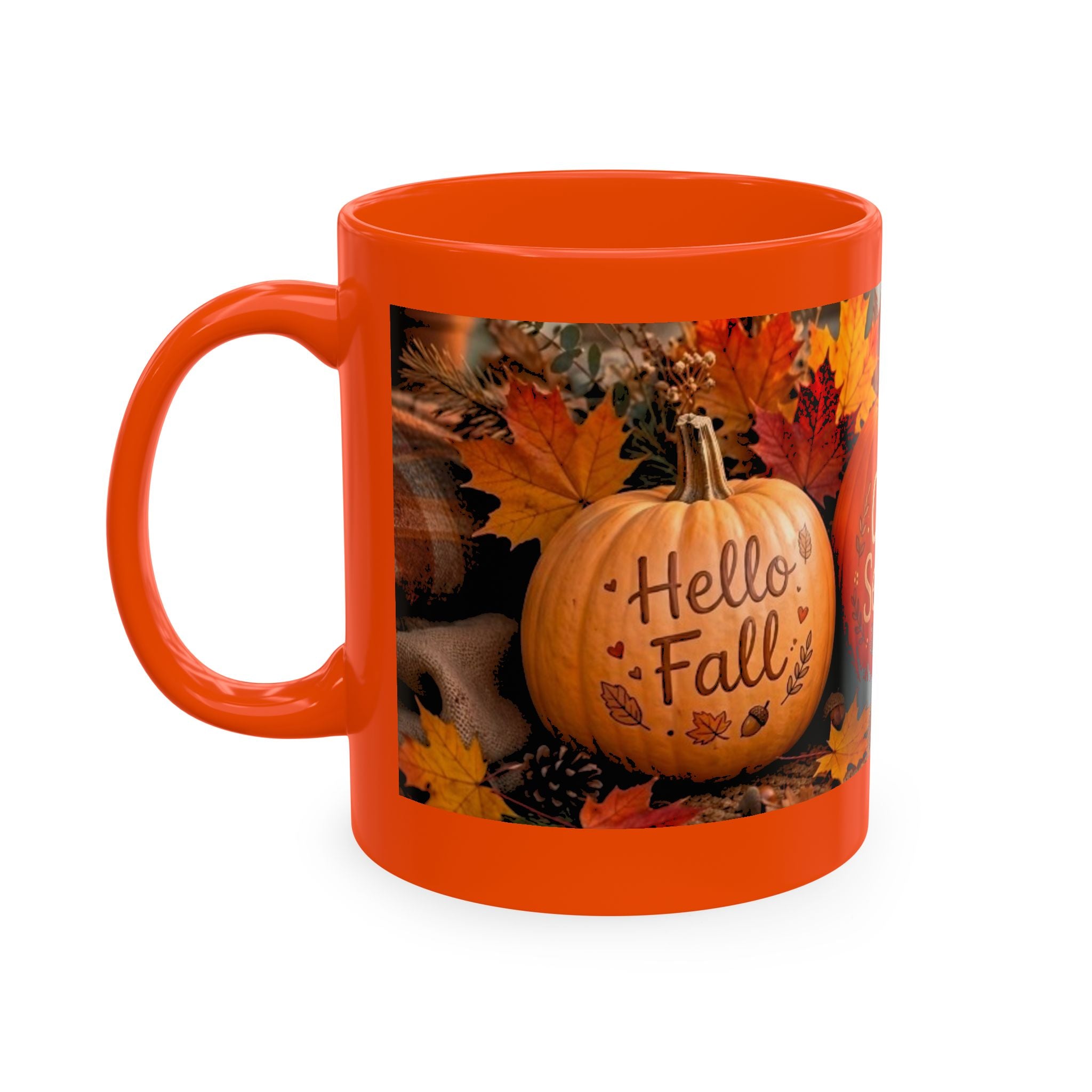 Hello Fall Ceramic Mug — Cozy Pumpkin & Autumn Leaves Coffee Cup