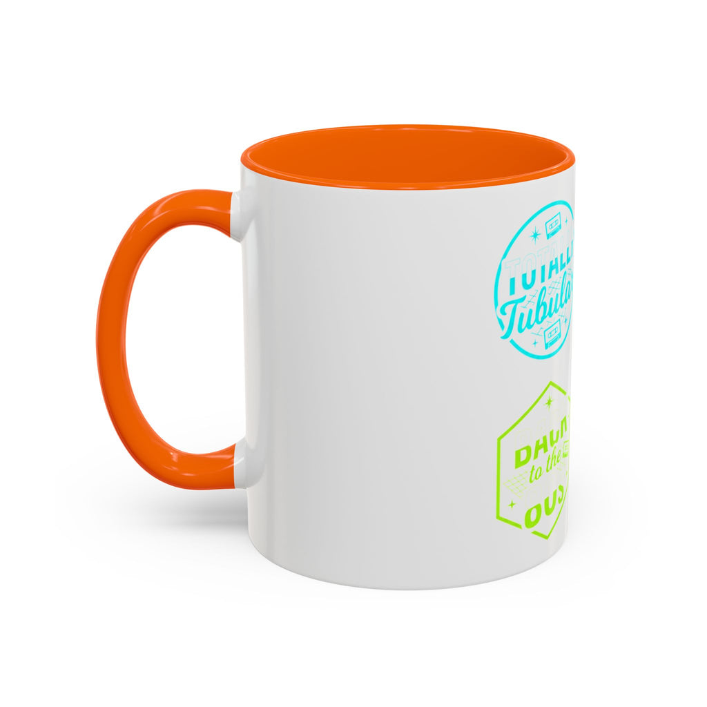 Retro Gamer Badge Accent Coffee Mug — Neon 'Totally Tubular' & 80s Gamer Icons (11/15oz)
