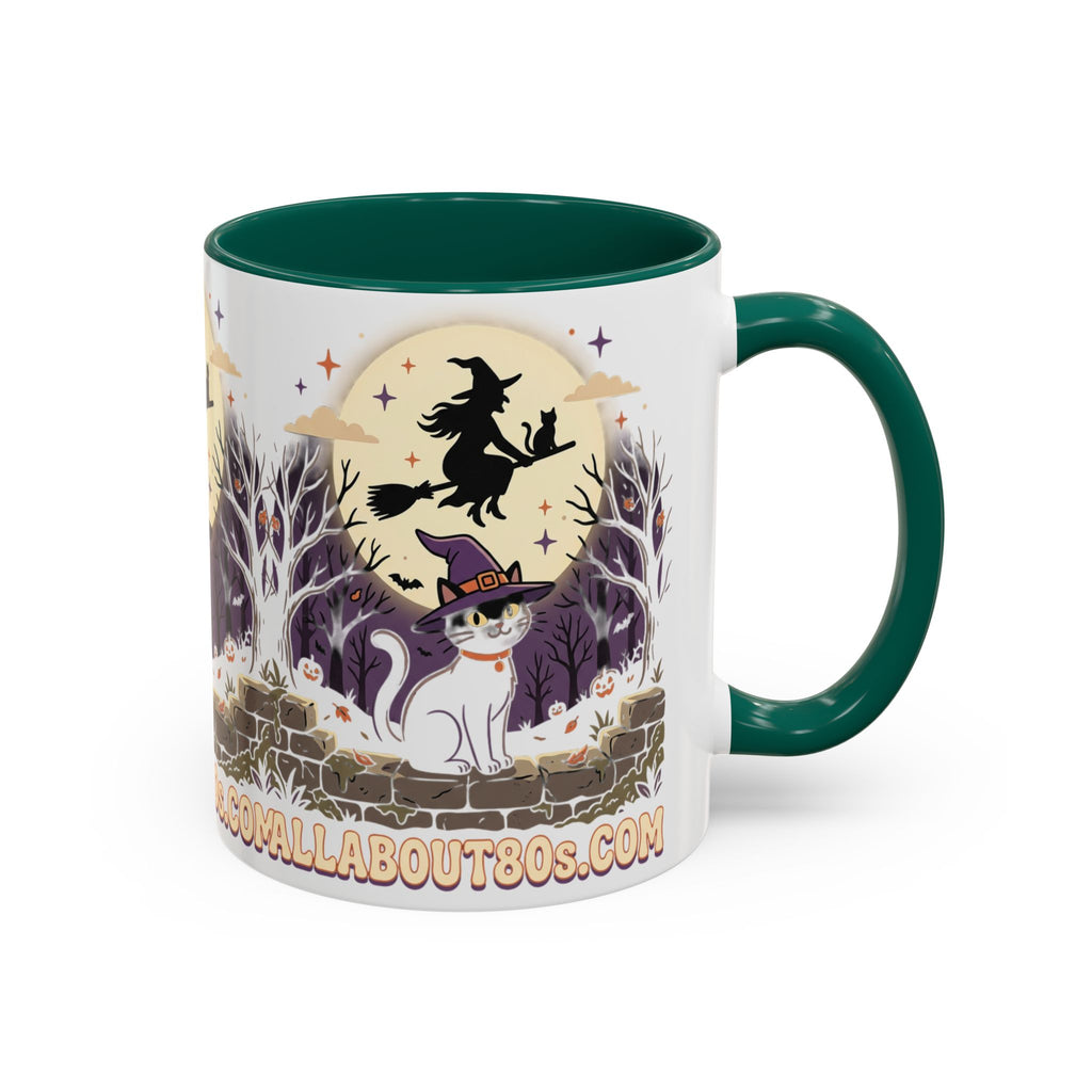 Halloween Cat Witch Mug – Cute Witch Hat Cat with Flying Witch Silhouette (11oz/15oz)