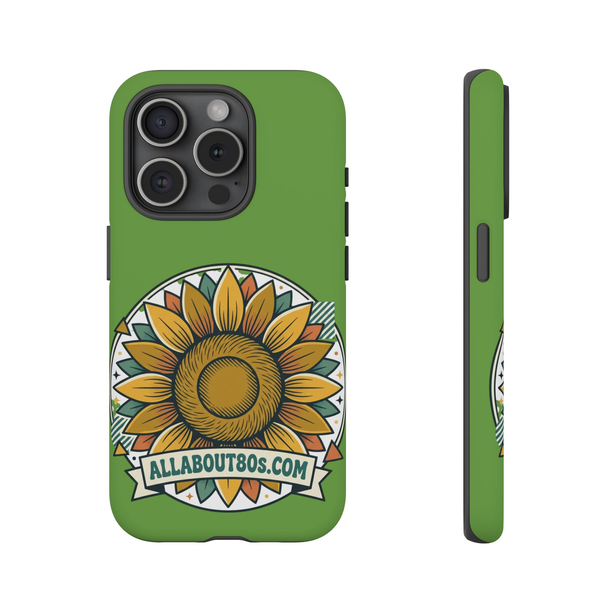 Sunflower Tough Phone Case – Green Floral Protective Case with "AllAbout80s.com" Banner