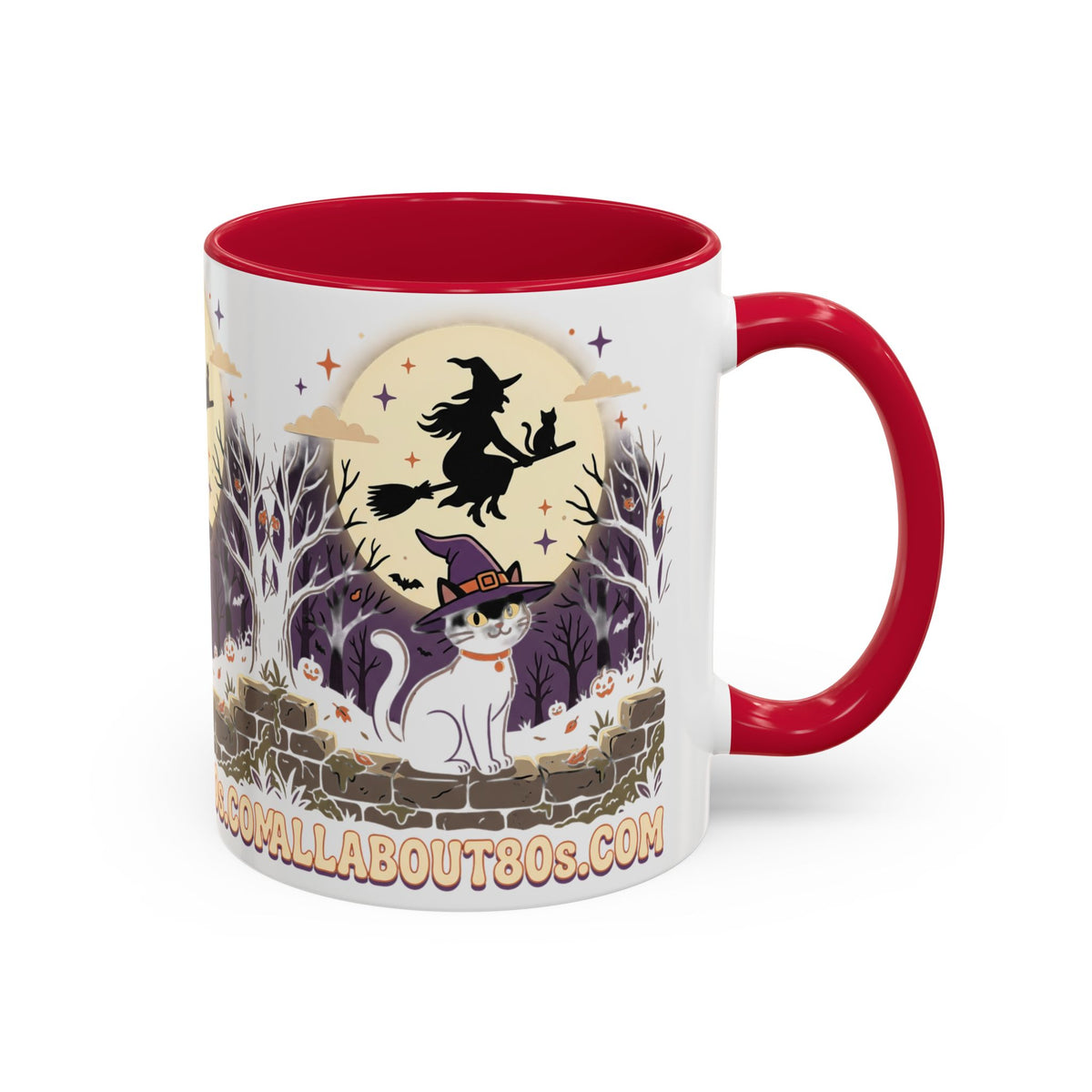 Halloween Cat Witch Mug – Cute Witch Hat Cat with Flying Witch Silhouette (11oz/15oz)