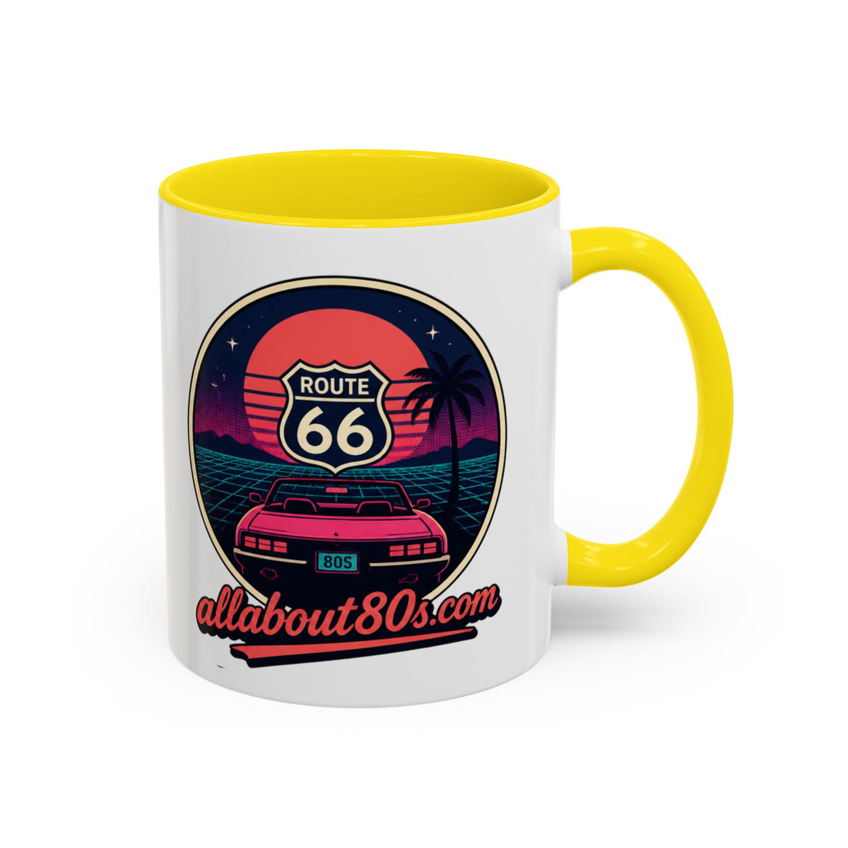 Route 66 Retro 80s Accent Coffee Mug — 'allabout80s' Vintage Sunset Design (11/15oz)