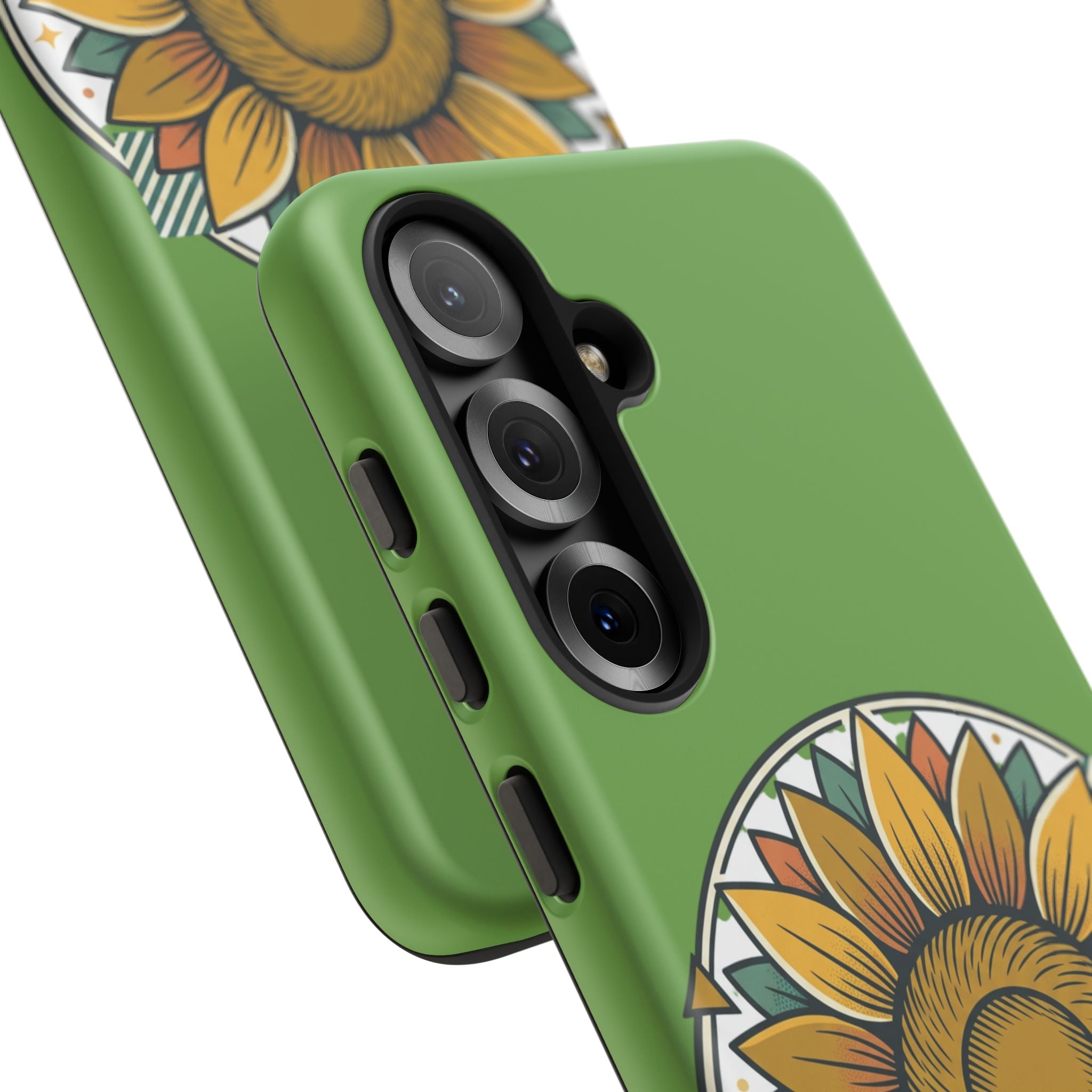 Sunflower Tough Phone Case – Green Floral Protective Case with "AllAbout80s.com" Banner