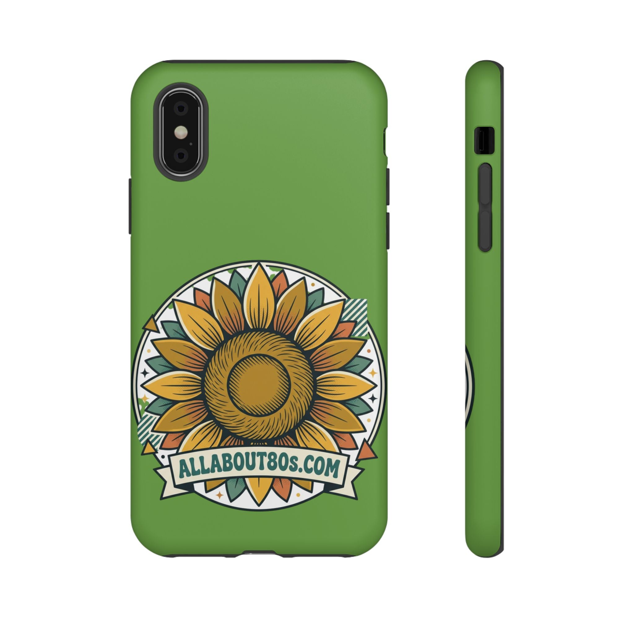 Sunflower Tough Phone Case – Green Floral Protective Case with "AllAbout80s.com" Banner