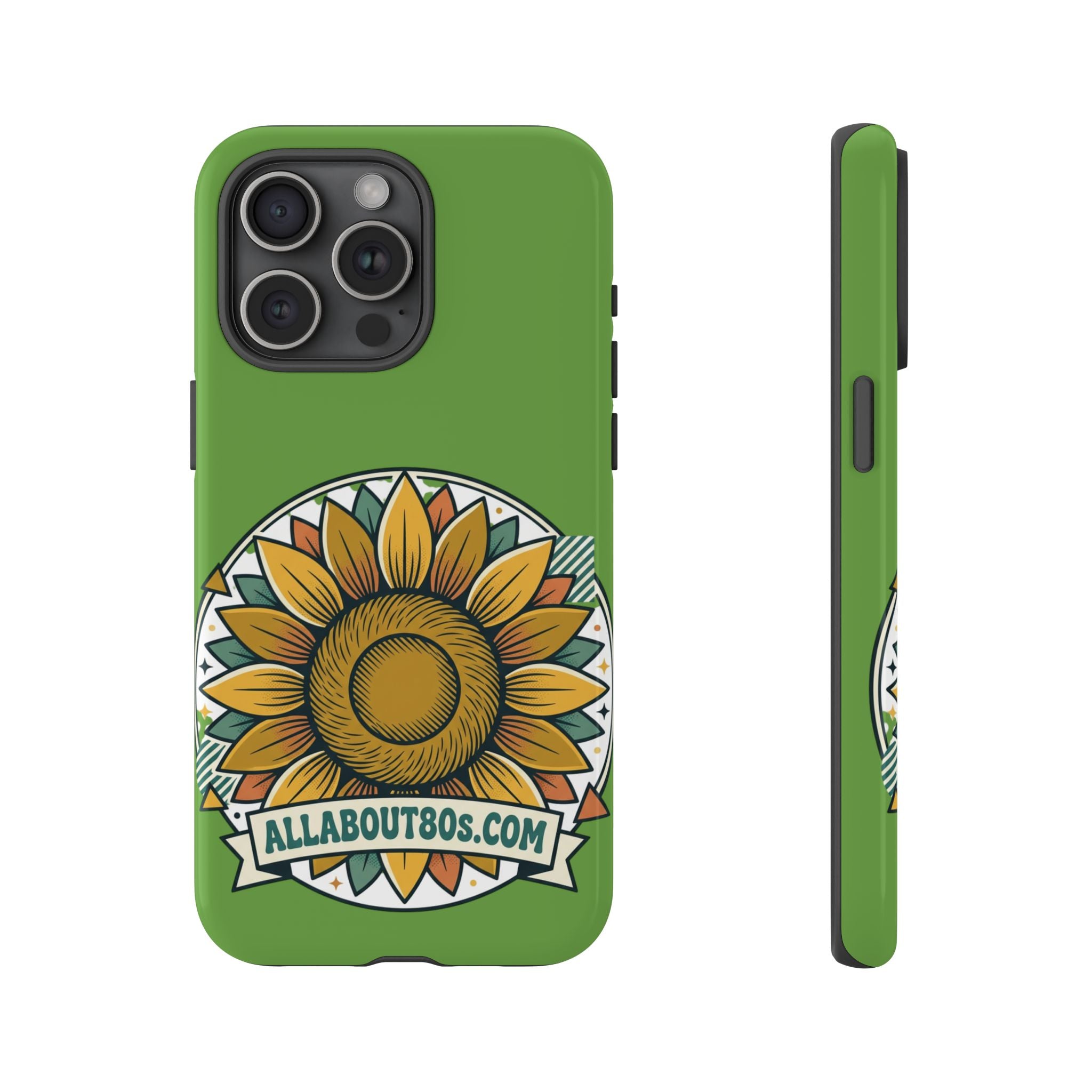Sunflower Tough Phone Case – Green Floral Protective Case with "AllAbout80s.com" Banner