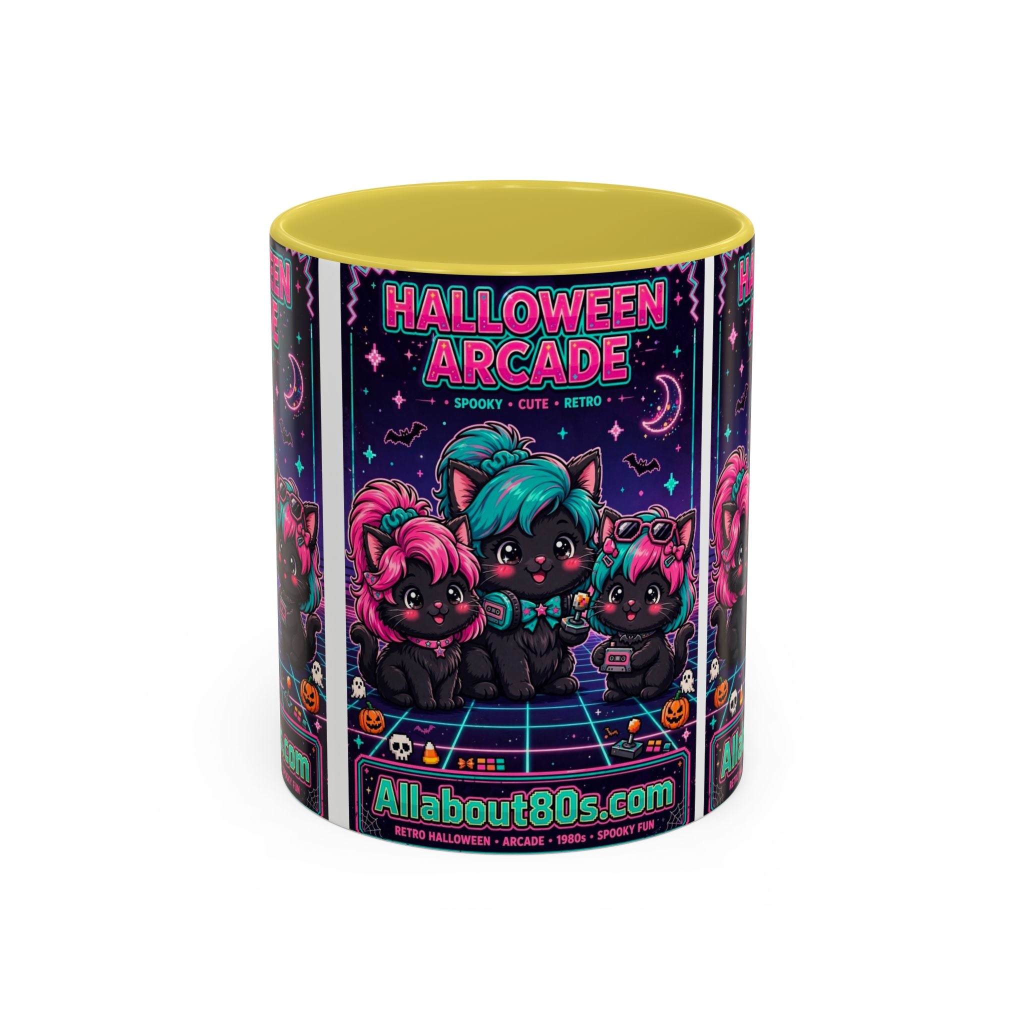 Halloween Arcade Mug — Cute Retro 80s Cat Gamers (11oz/15oz)
