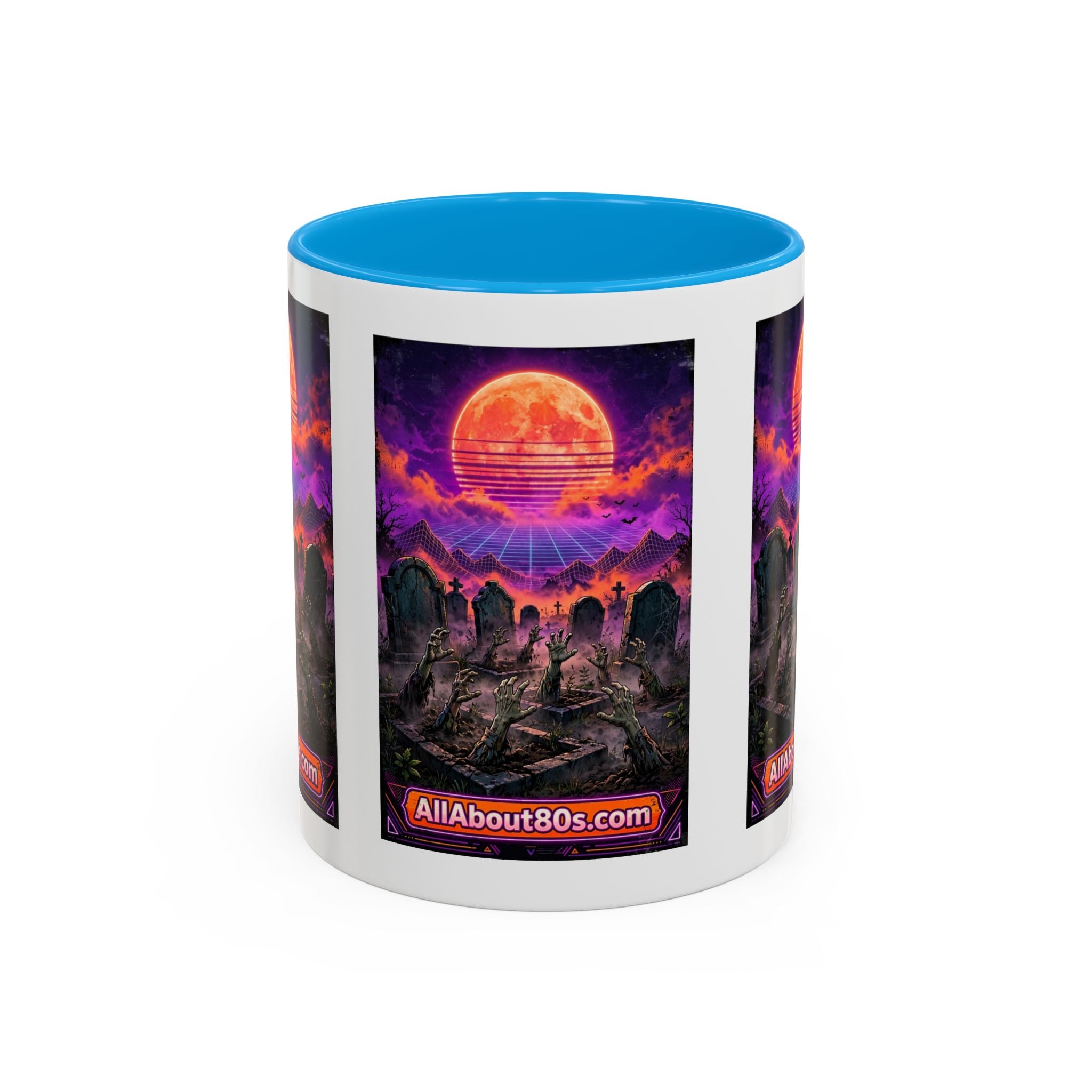 80s Retro Graveyard Sunset Mug — Vaporwave Neon Coffins Coffee Cup (11oz/15oz)