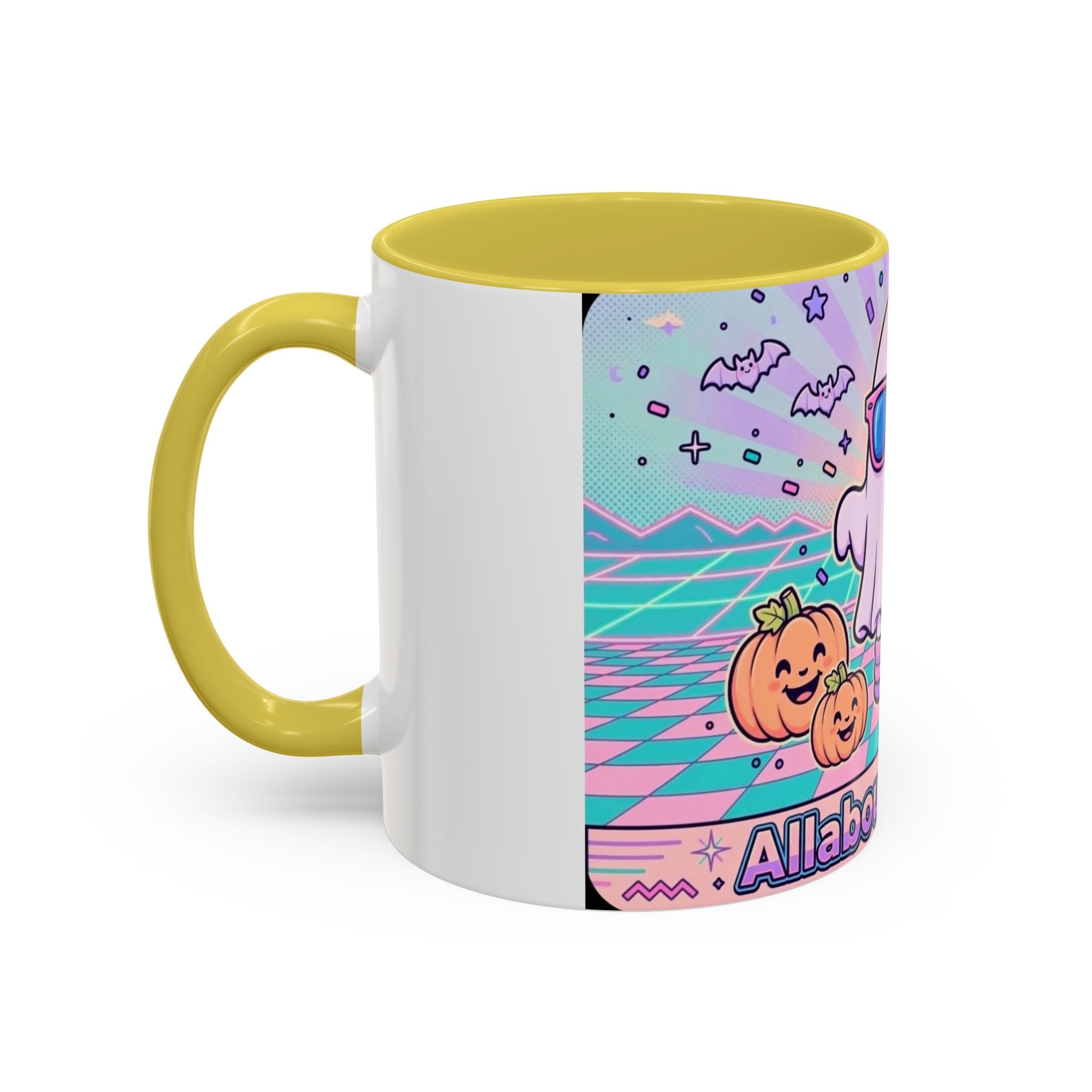 80s Vaporwave Ghost Coffee Mug — Cute Halloween Pumpkin Retro Design (11oz/15oz)