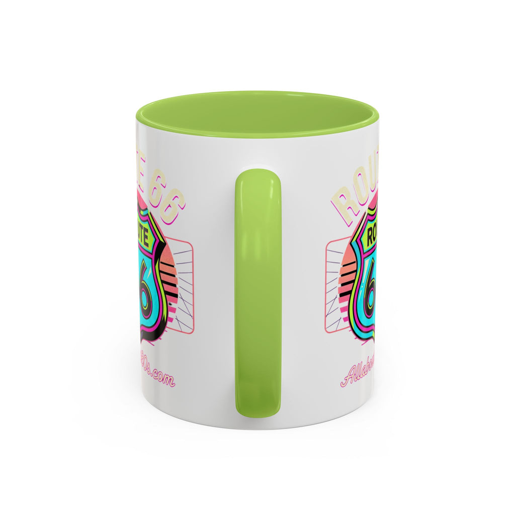 Route 66 Neon Shield Accent Coffee Mug — Retro Road Trip Travel Gift (11/15 oz)