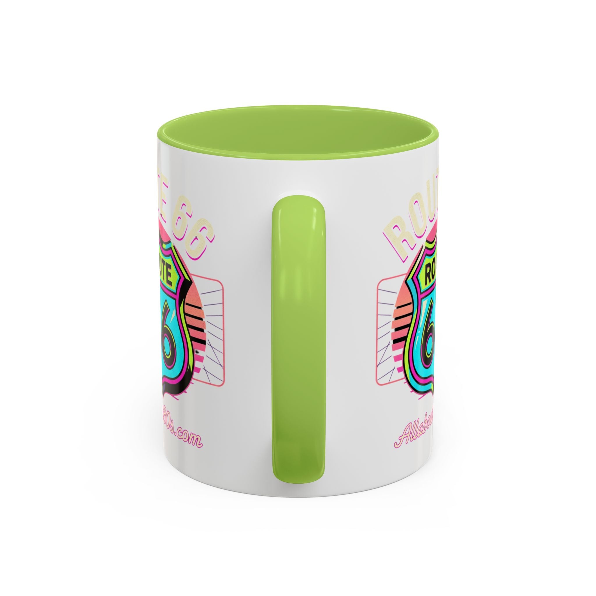 Route 66 Neon Shield Accent Coffee Mug — Retro Road Trip Travel Gift (11/15 oz)