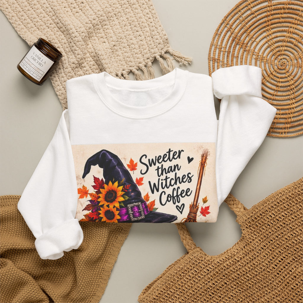 Sweater — 'Sweeter Than Witches Coffee' Halloween Witch Graphic Crewneck Sweatshirt