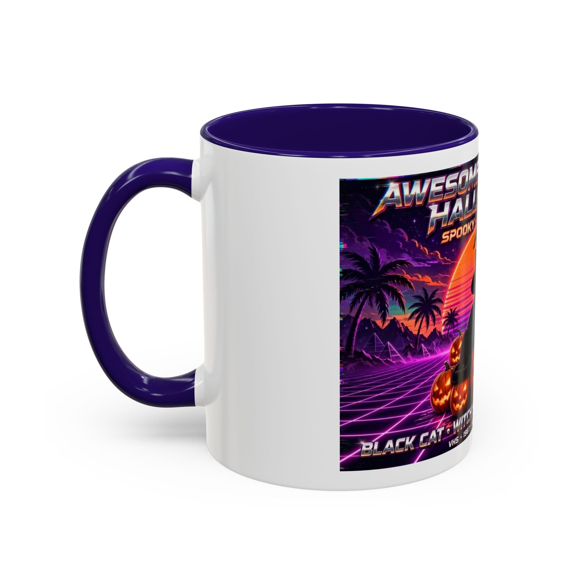 Halloween Retro Cat Mug — Neon 80s Spooky Pumpkin Coffee Cup (11oz/15oz)