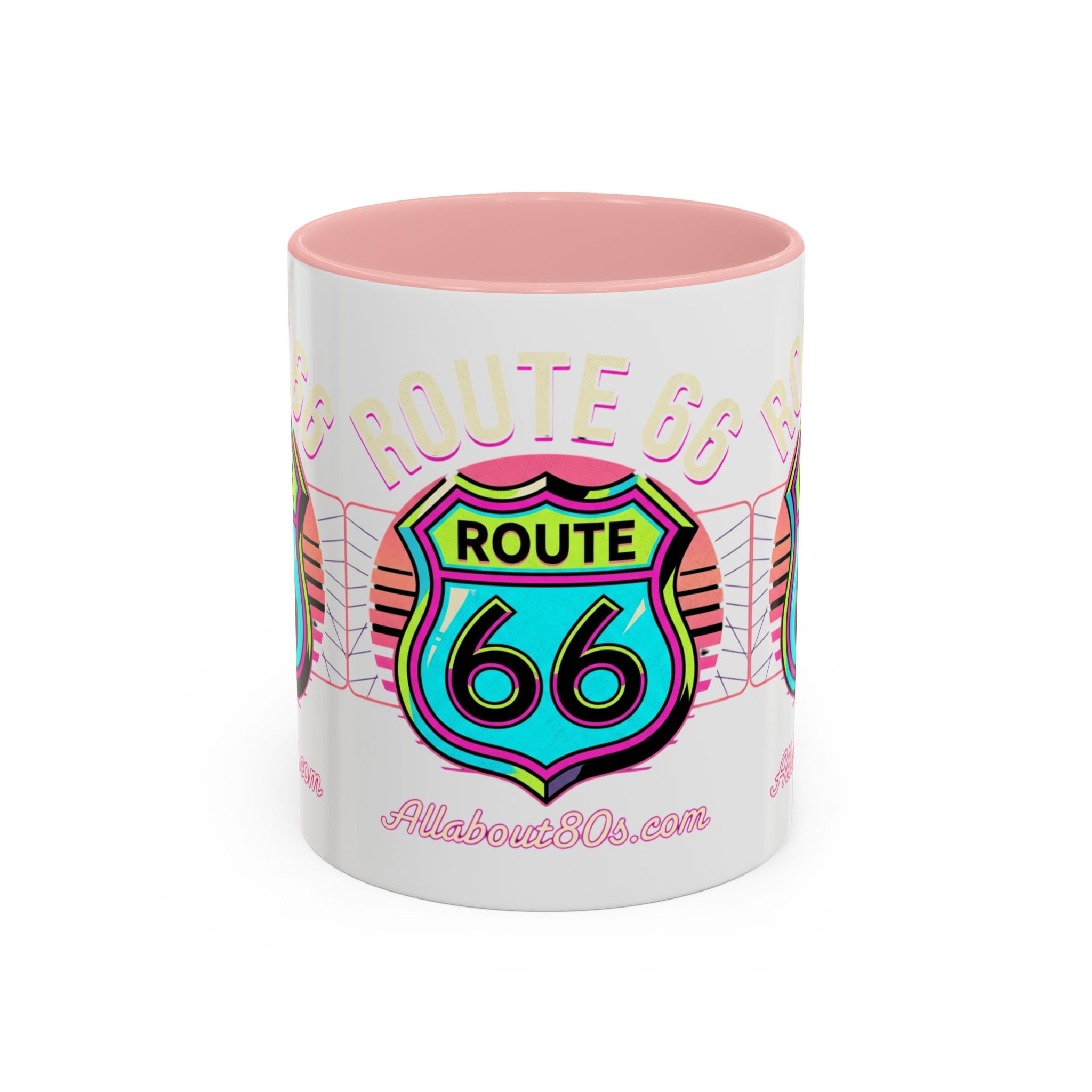 Route 66 Neon Shield Accent Coffee Mug — Retro Road Trip Travel Gift (11/15 oz)