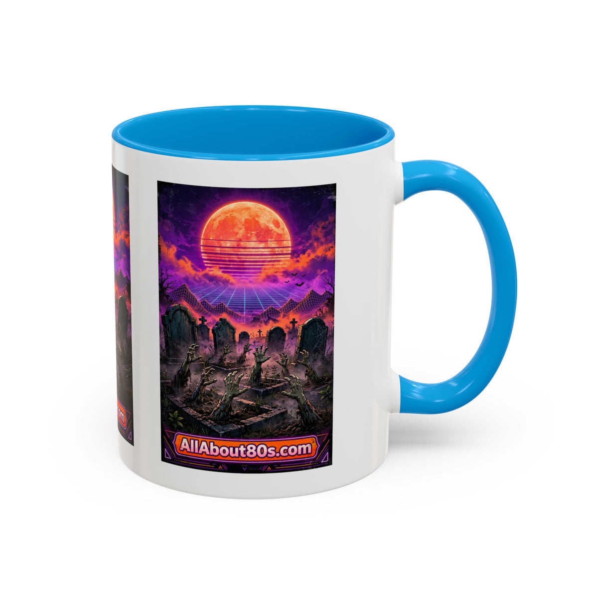 80s Retro Graveyard Sunset Mug — Vaporwave Neon Coffins Coffee Cup (11oz/15oz)