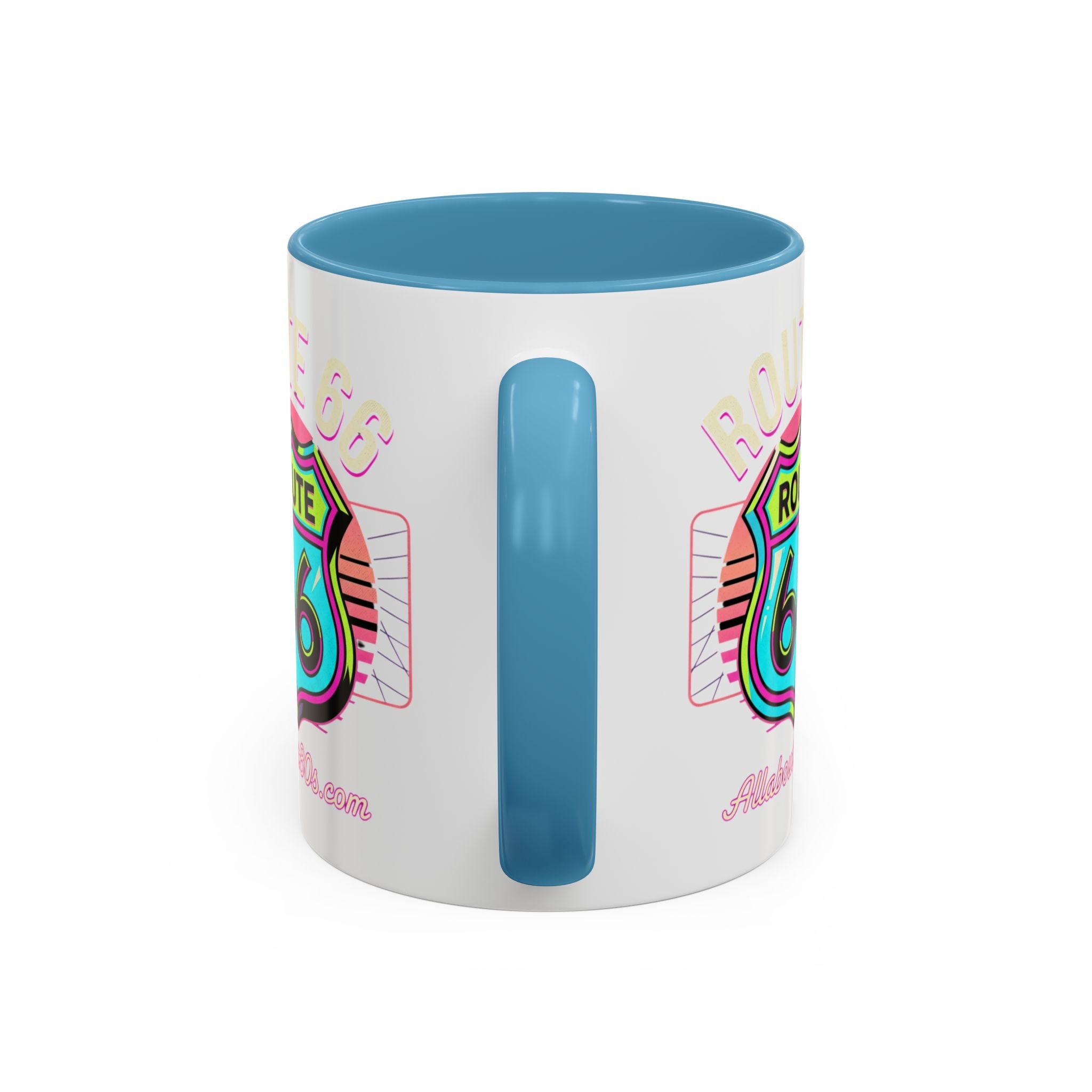 Route 66 Neon Shield Accent Coffee Mug — Retro Road Trip Travel Gift (11/15 oz)