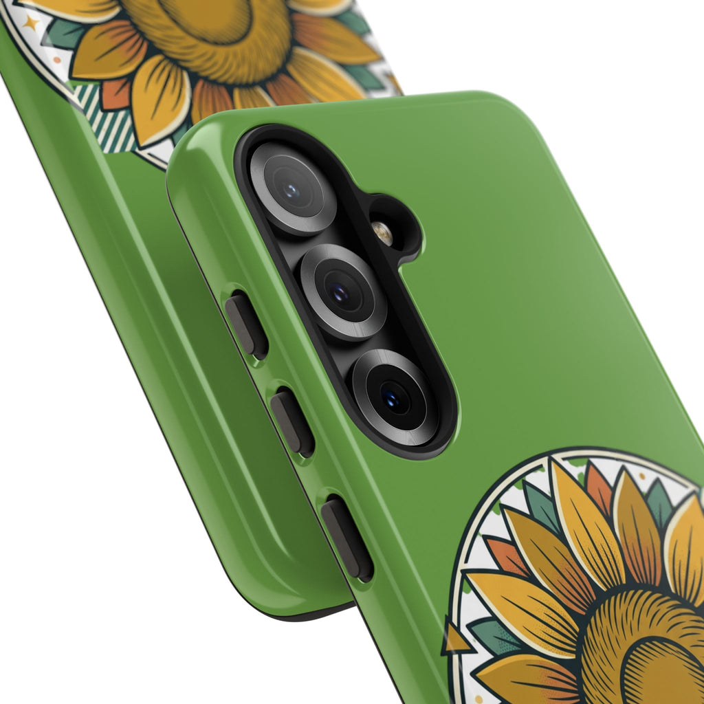 Sunflower Tough Phone Case – Green Floral Protective Case with "AllAbout80s.com" Banner