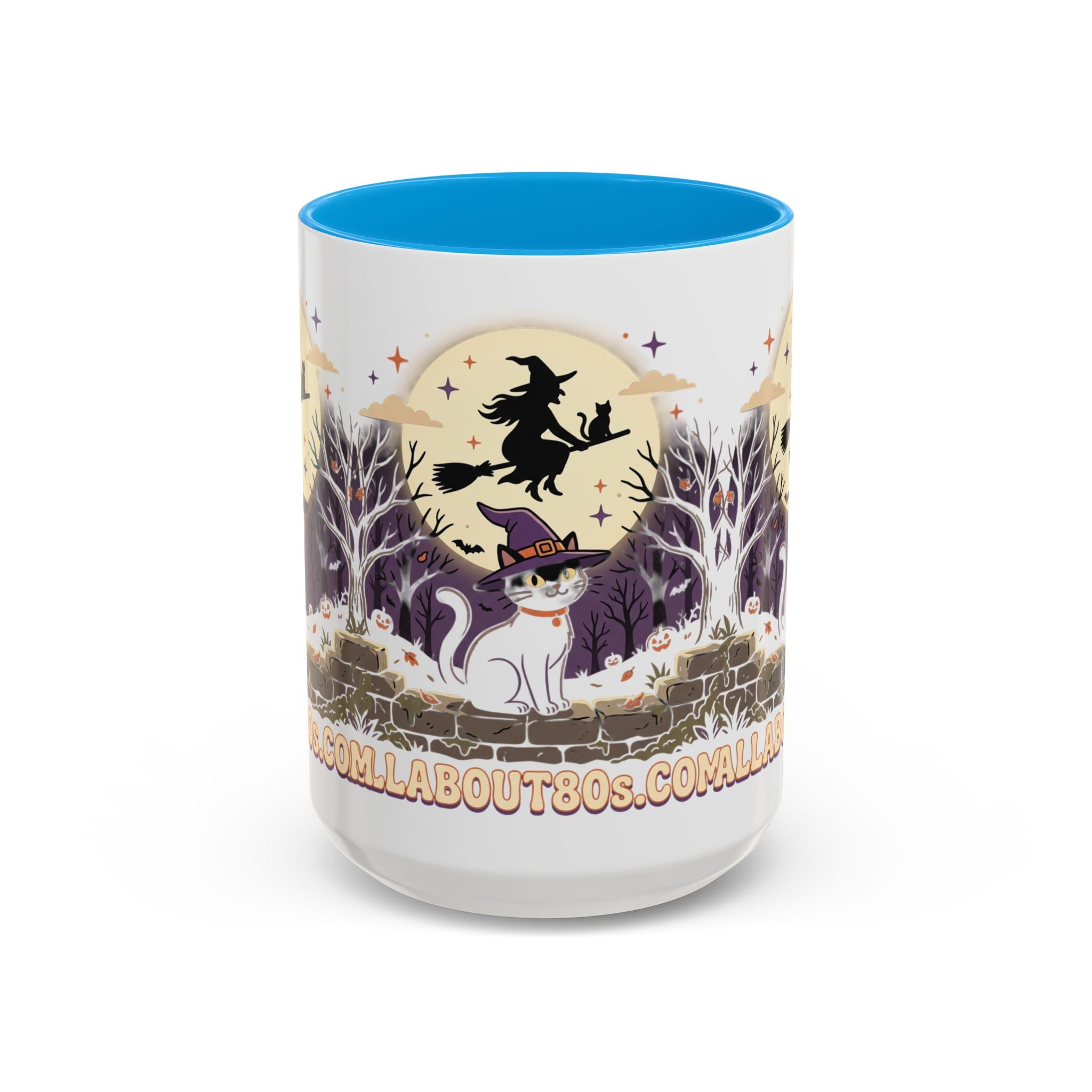 Halloween Cat Witch Mug – Cute Witch Hat Cat with Flying Witch Silhouette (11oz/15oz)