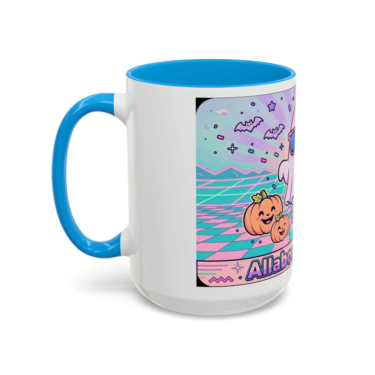 80s Vaporwave Ghost Coffee Mug — Cute Halloween Pumpkin Retro Design (11oz/15oz)