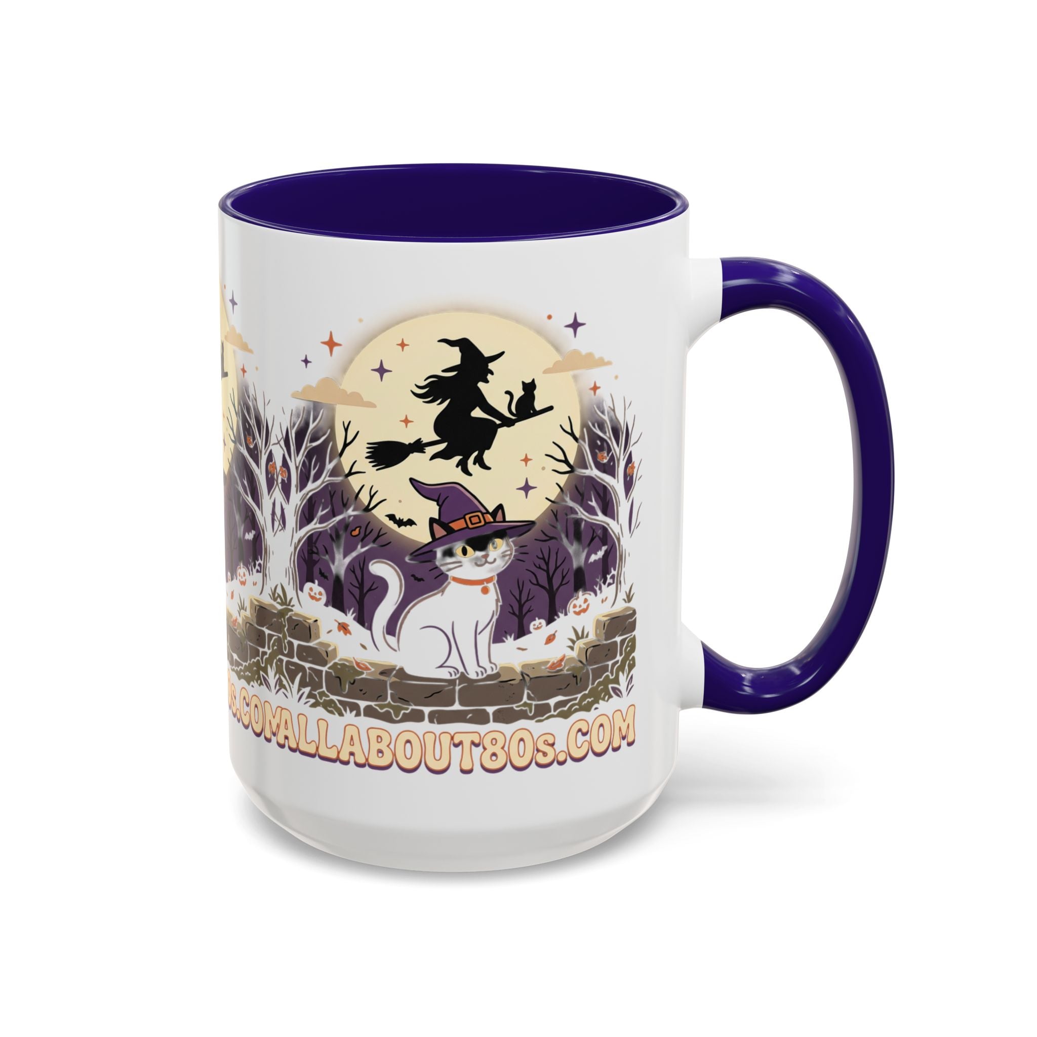 Halloween Cat Witch Mug – Cute Witch Hat Cat with Flying Witch Silhouette (11oz/15oz)