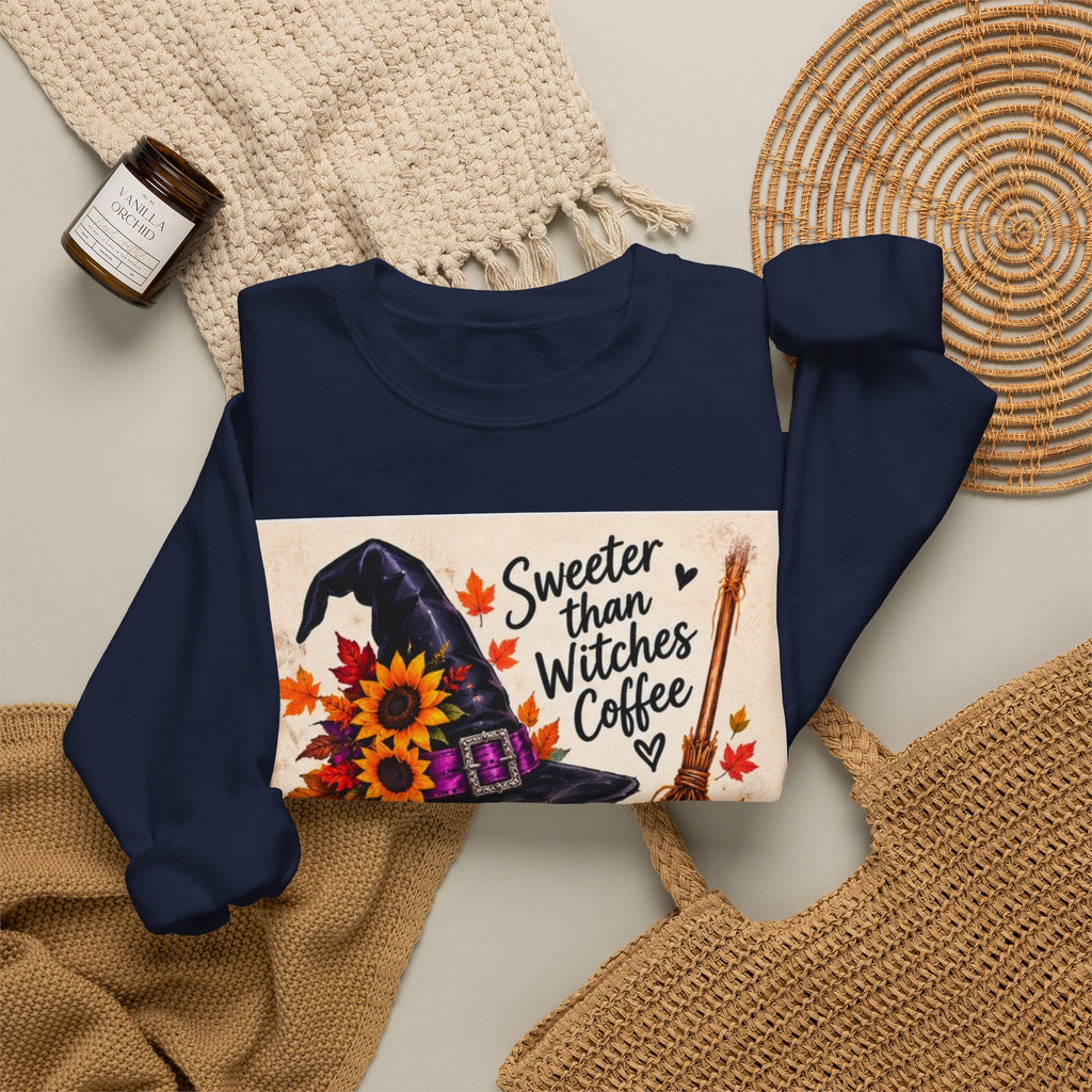 Sweater — 'Sweeter Than Witches Coffee' Halloween Witch Graphic Crewneck Sweatshirt