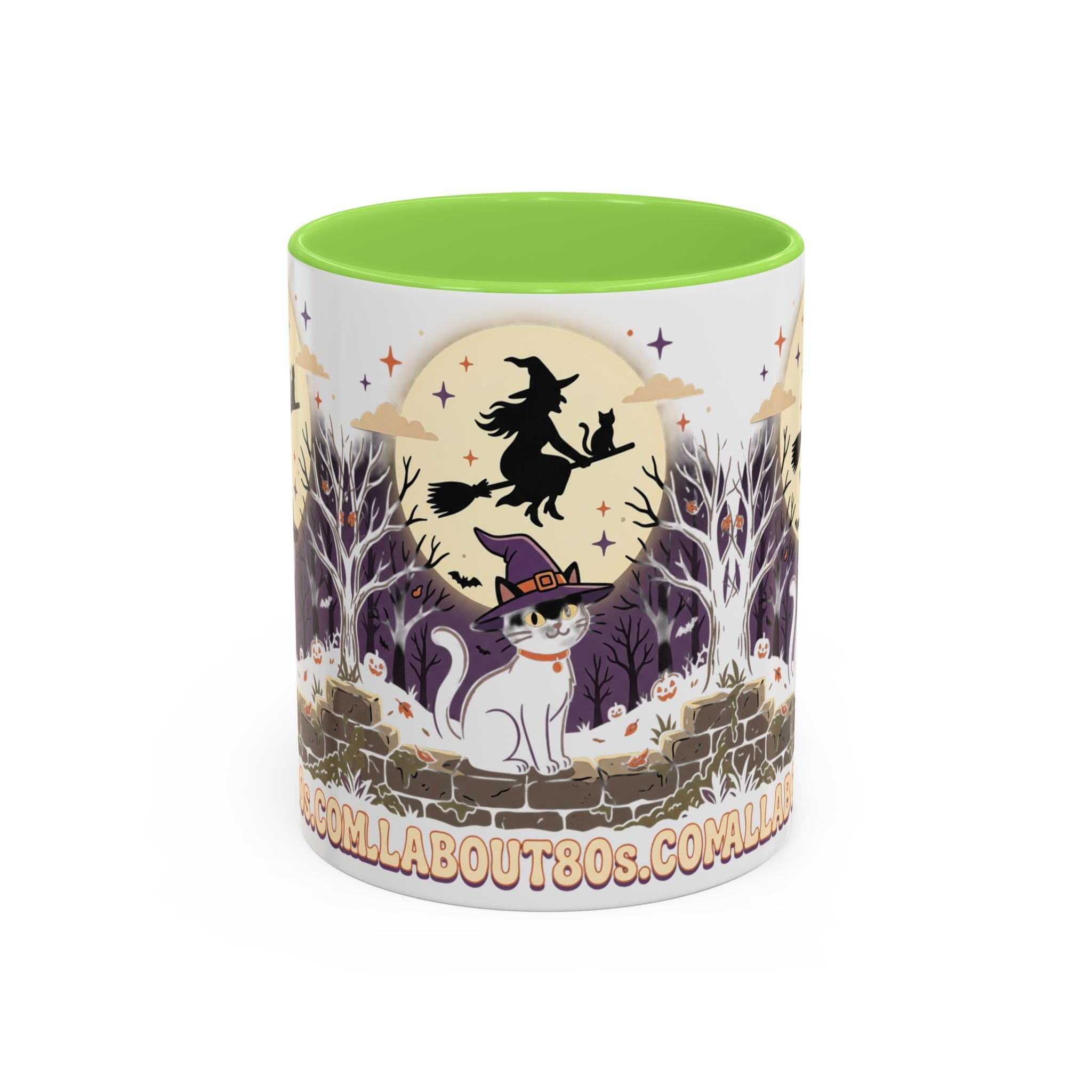 Halloween Cat Witch Mug – Cute Witch Hat Cat with Flying Witch Silhouette (11oz/15oz)
