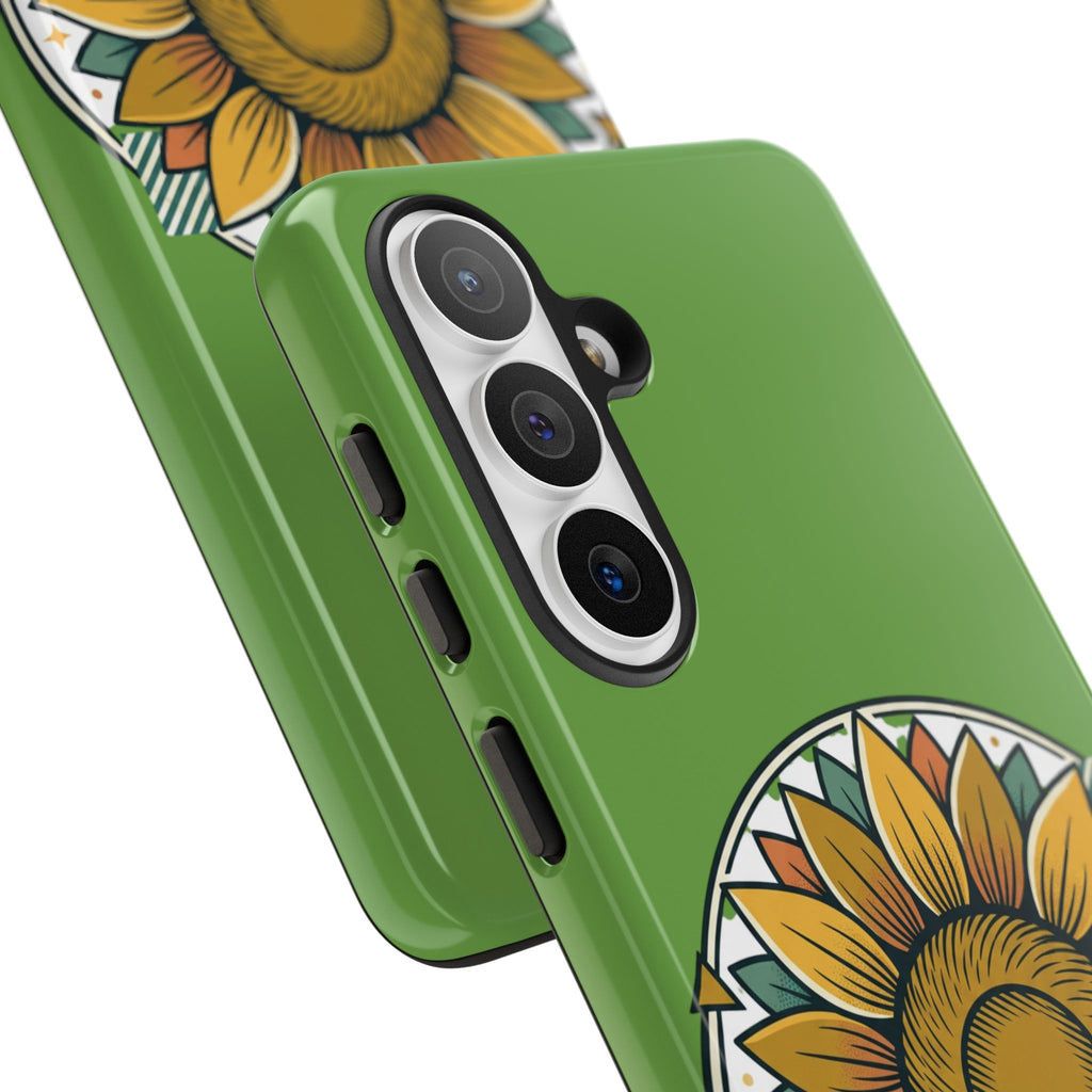 Sunflower Tough Phone Case – Green Floral Protective Case with "AllAbout80s.com" Banner