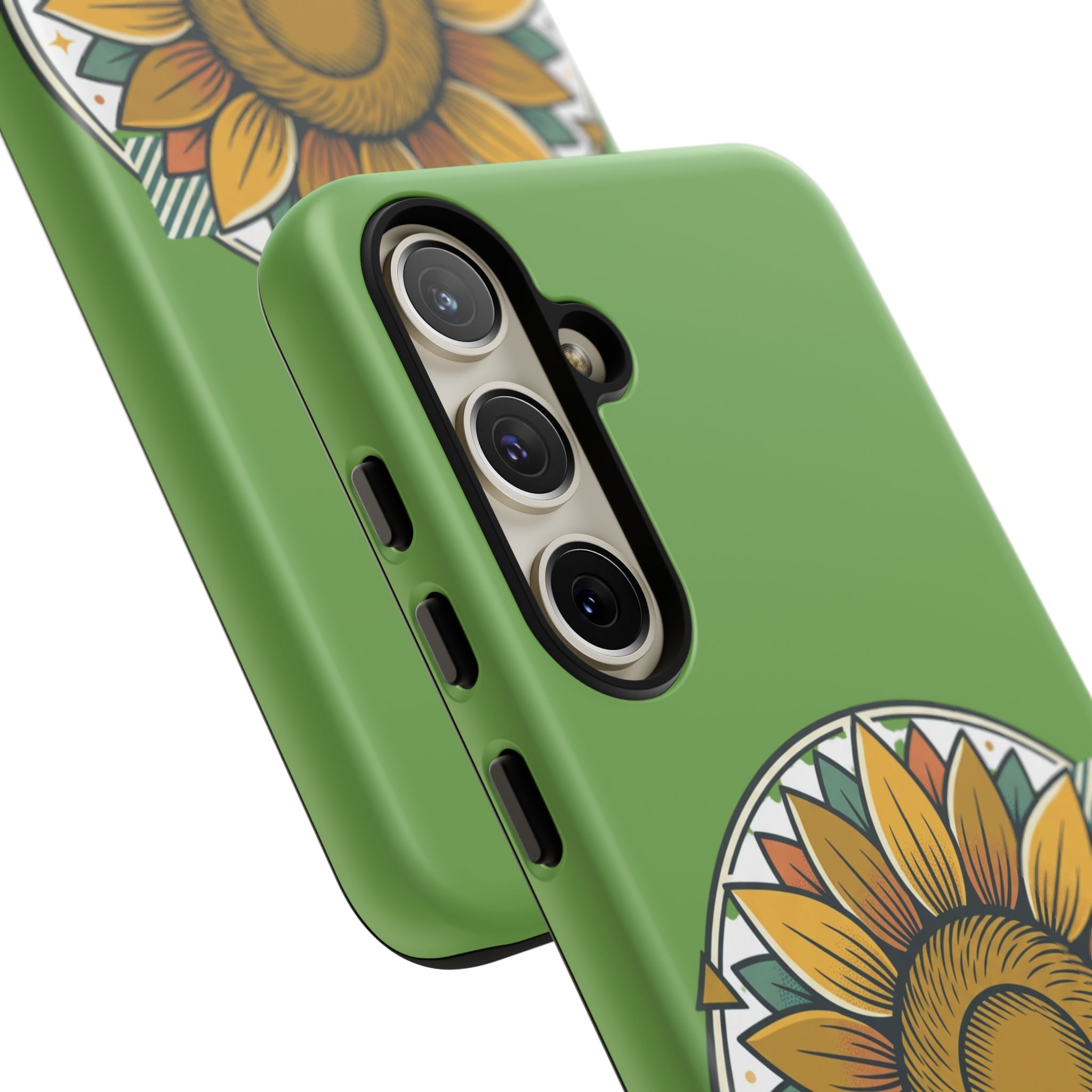 Sunflower Tough Phone Case – Green Floral Protective Case with "AllAbout80s.com" Banner