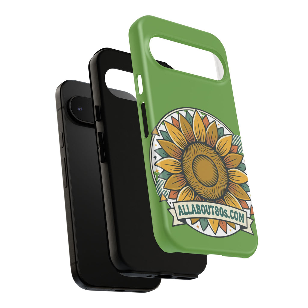 Sunflower Tough Phone Case – Green Floral Protective Case with "AllAbout80s.com" Banner