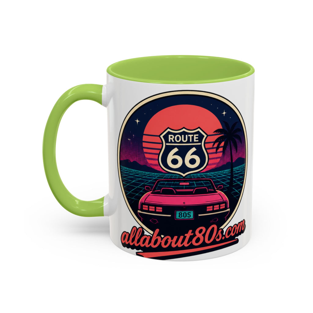 Route 66 Retro 80s Accent Coffee Mug — 'allabout80s' Vintage Sunset Design (11/15oz)