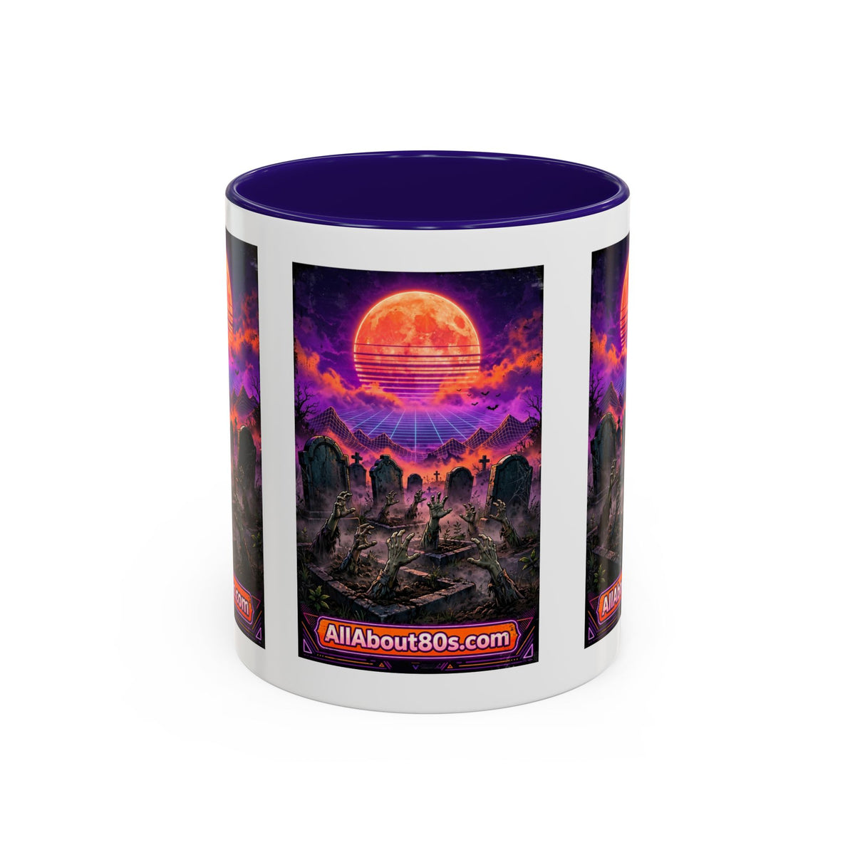 80s Retro Graveyard Sunset Mug — Vaporwave Neon Coffins Coffee Cup (11oz/15oz)