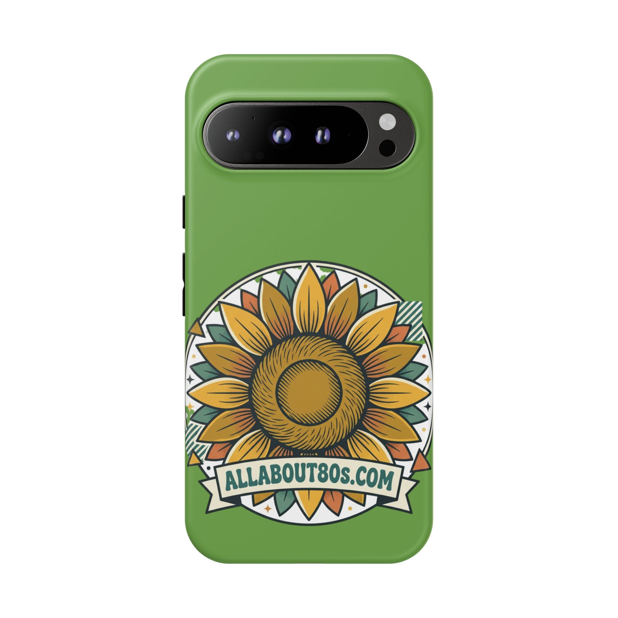 Sunflower Tough Phone Case – Green Floral Protective Case with "AllAbout80s.com" Banner