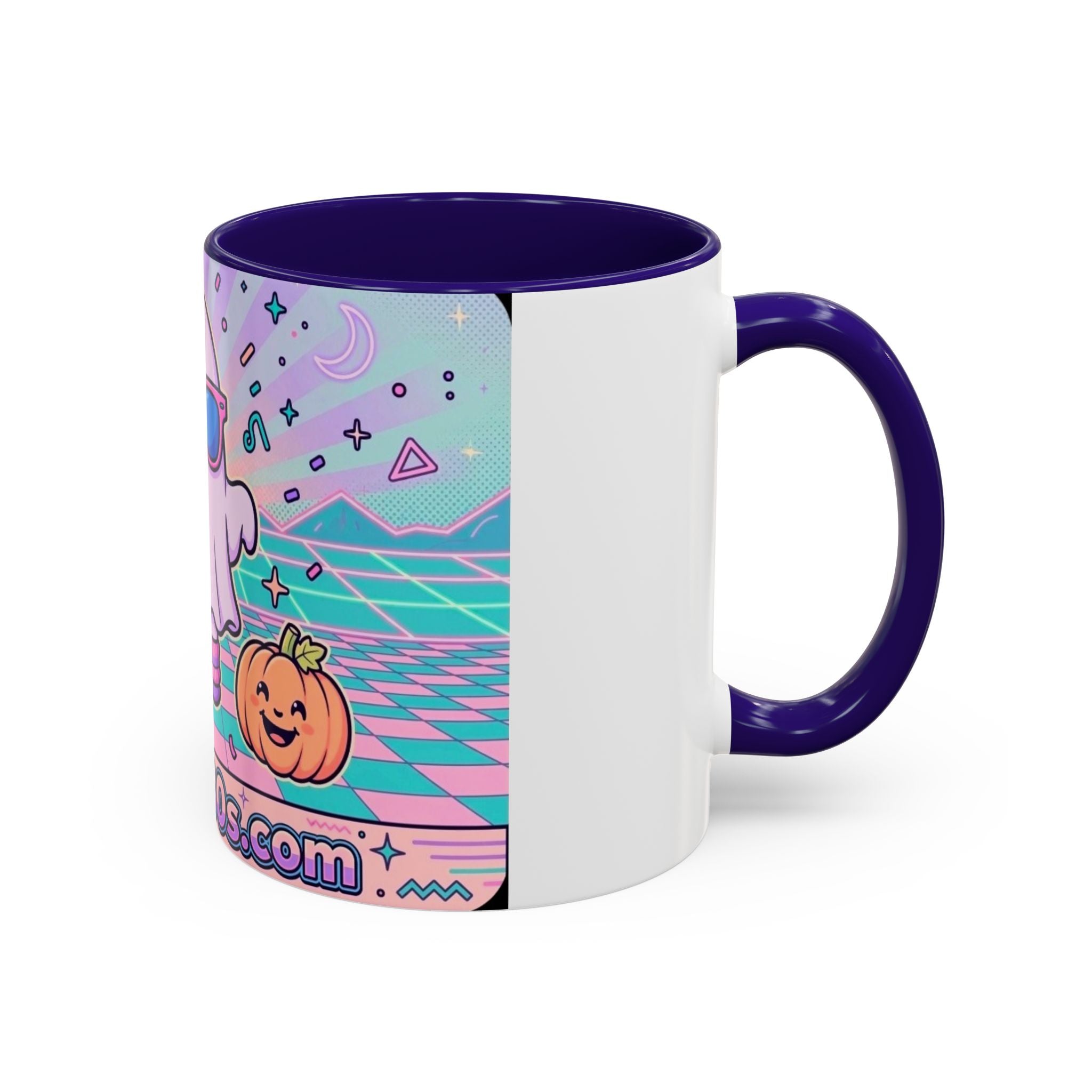 80s Vaporwave Ghost Coffee Mug — Cute Halloween Pumpkin Retro Design (11oz/15oz)