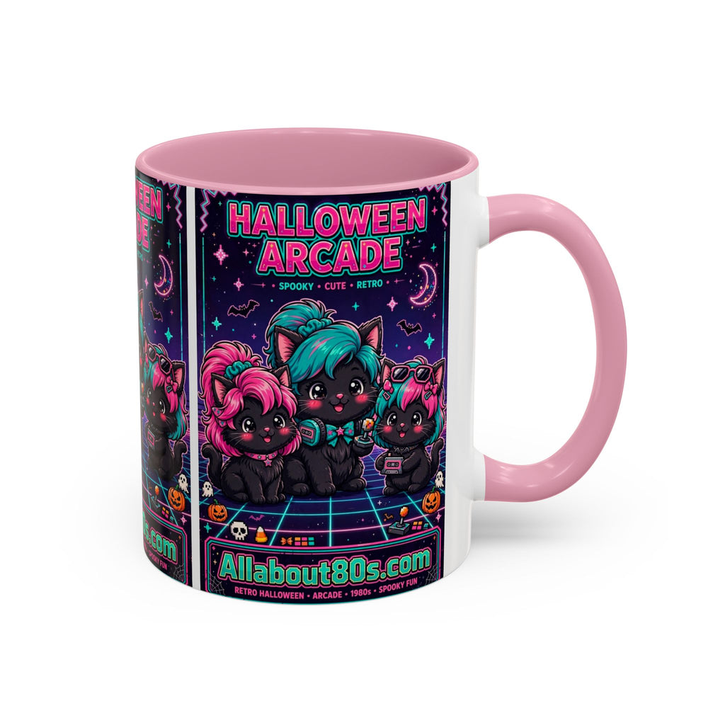 Halloween Arcade Mug — Cute Retro 80s Cat Gamers (11oz/15oz)