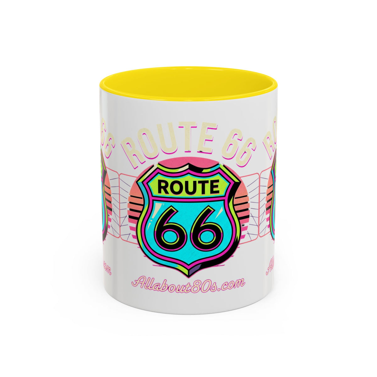 Route 66 Neon Shield Accent Coffee Mug — Retro Road Trip Travel Gift (11/15 oz)