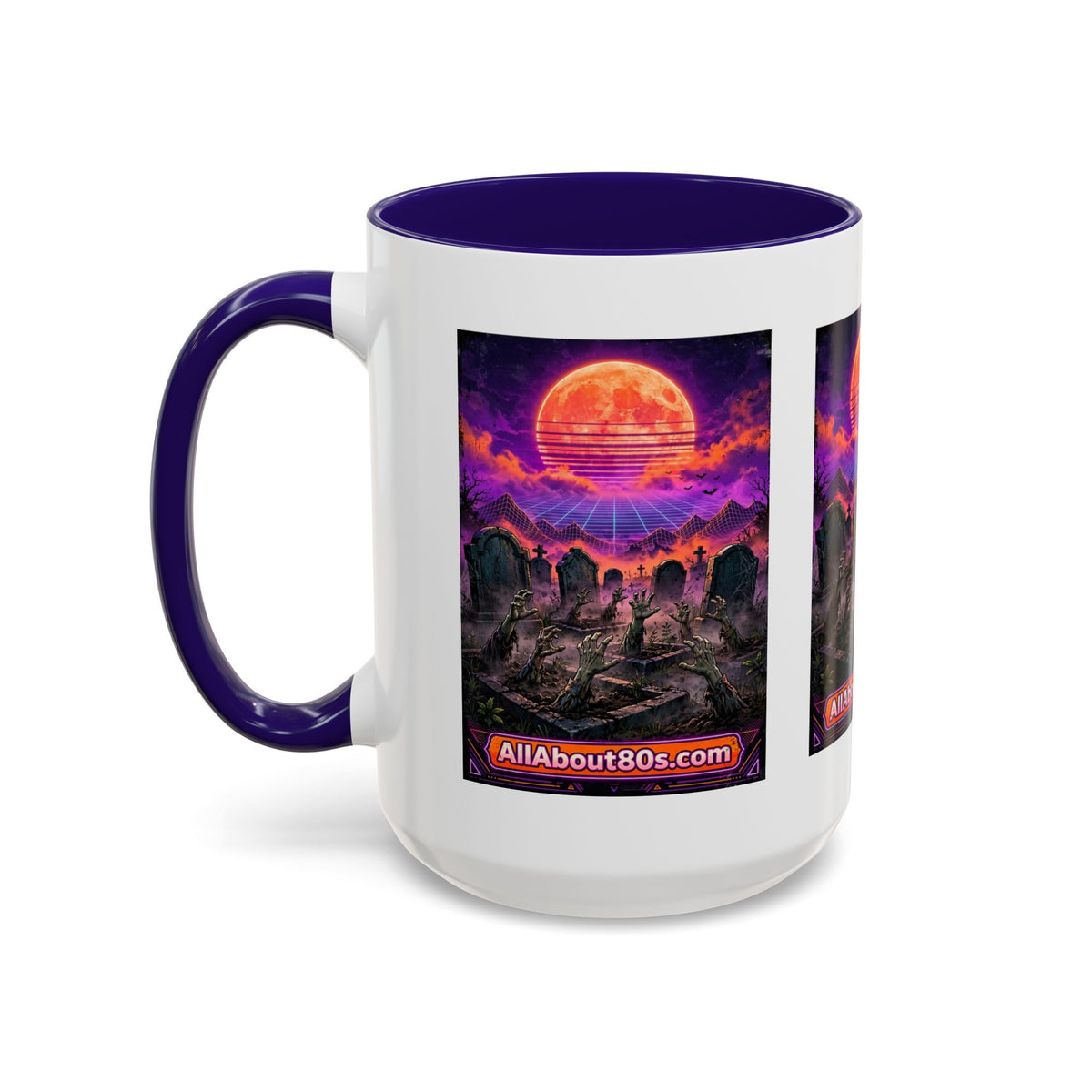 80s Retro Graveyard Sunset Mug — Vaporwave Neon Coffins Coffee Cup (11oz/15oz)