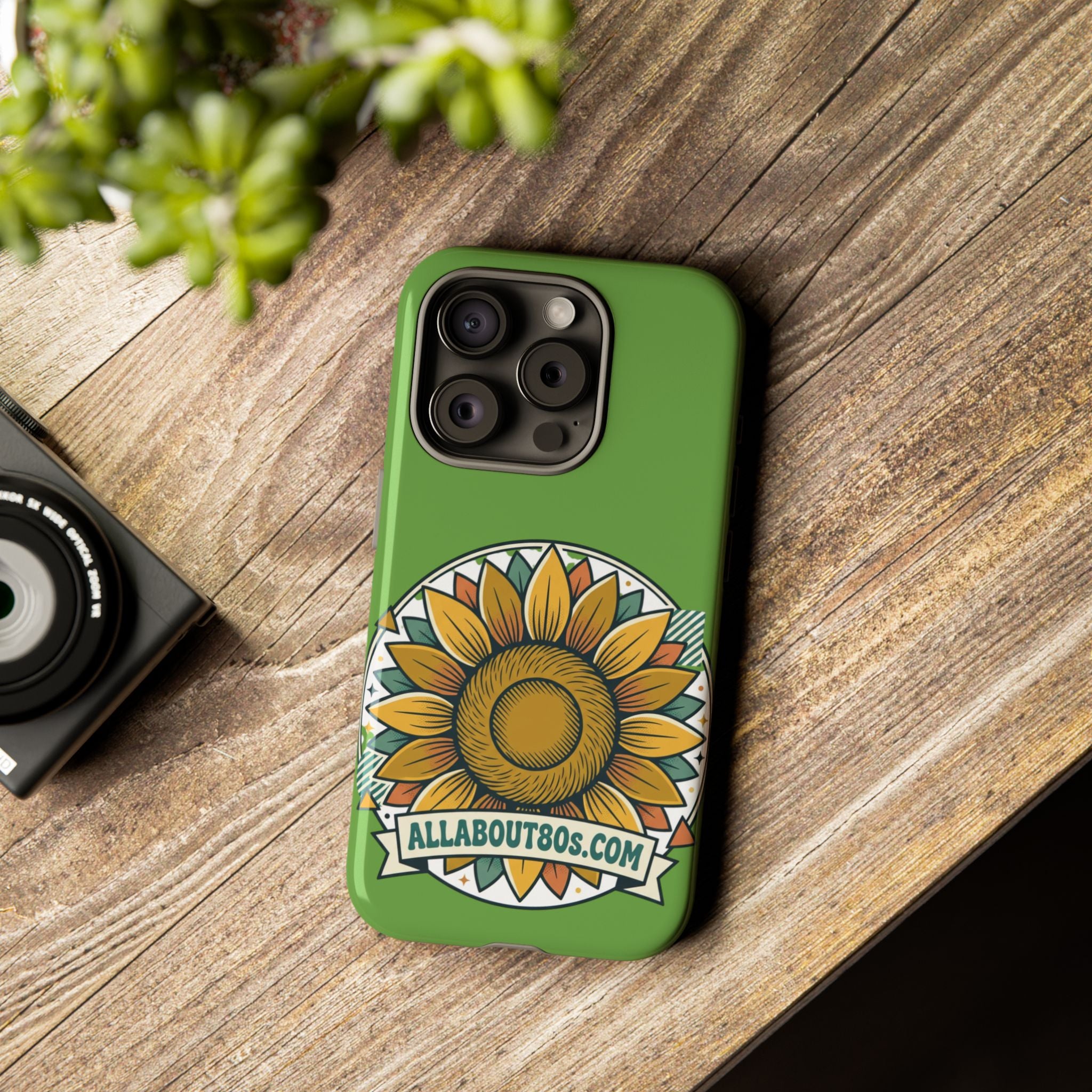 Sunflower Tough Phone Case – Green Floral Protective Case with "AllAbout80s.com" Banner